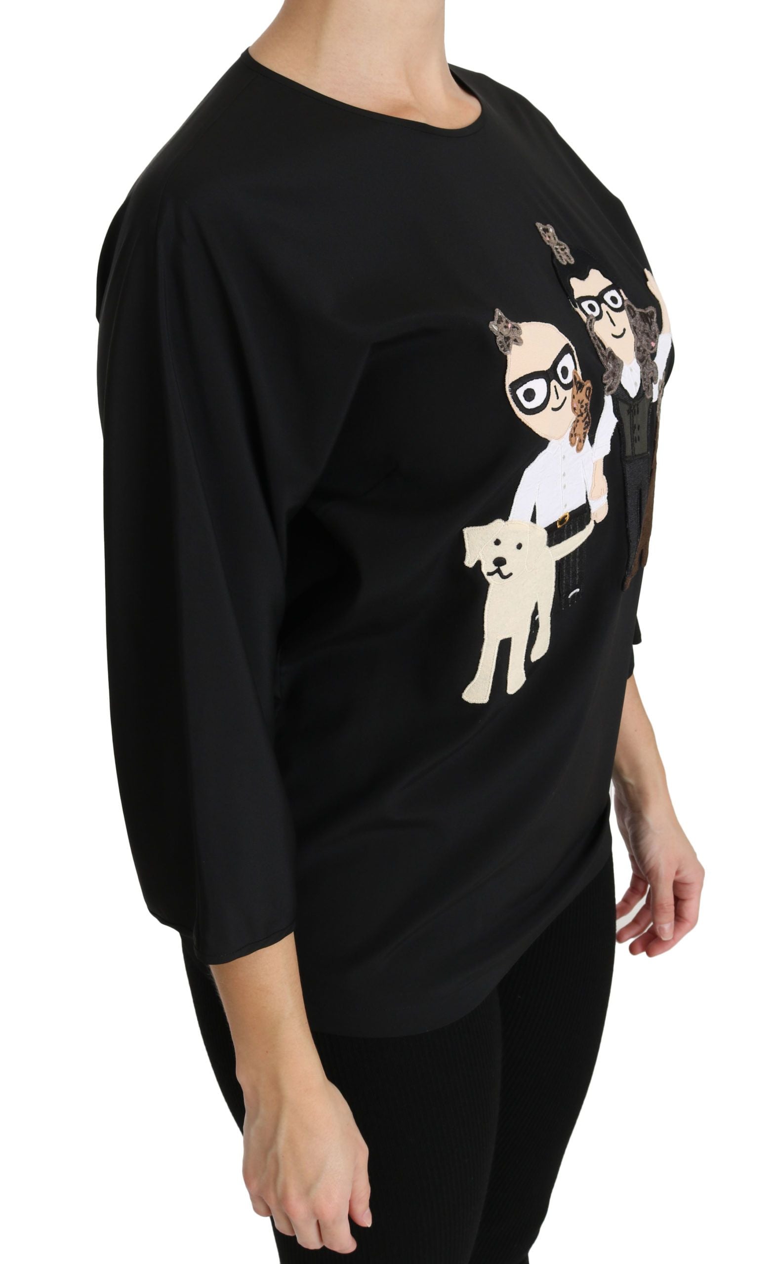 Dolce &amp; Gabbana – Elegantes, schwarzes, besticktes Stretch-Oberteil aus Seide