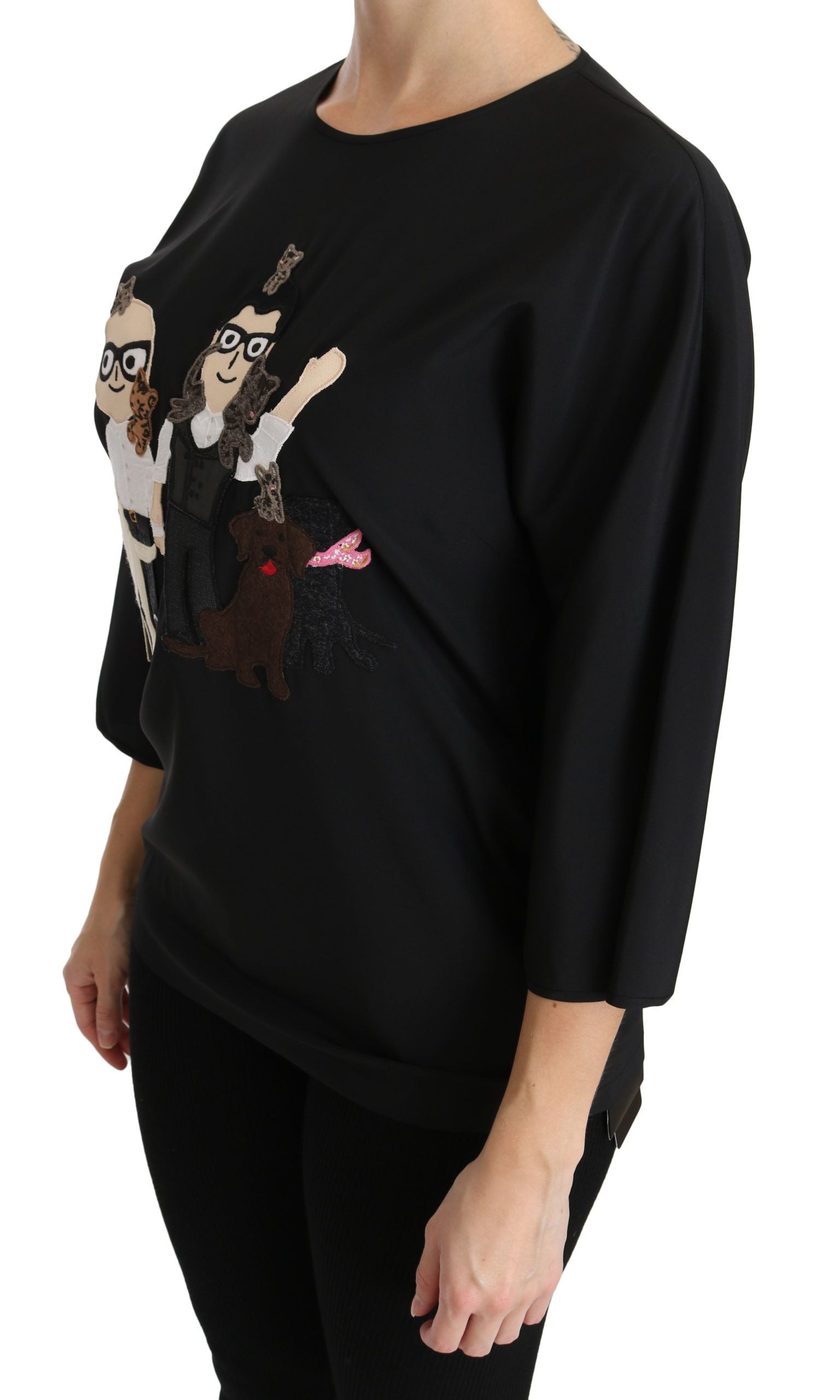Dolce &amp; Gabbana – Elegantes, schwarzes, besticktes Stretch-Oberteil aus Seide