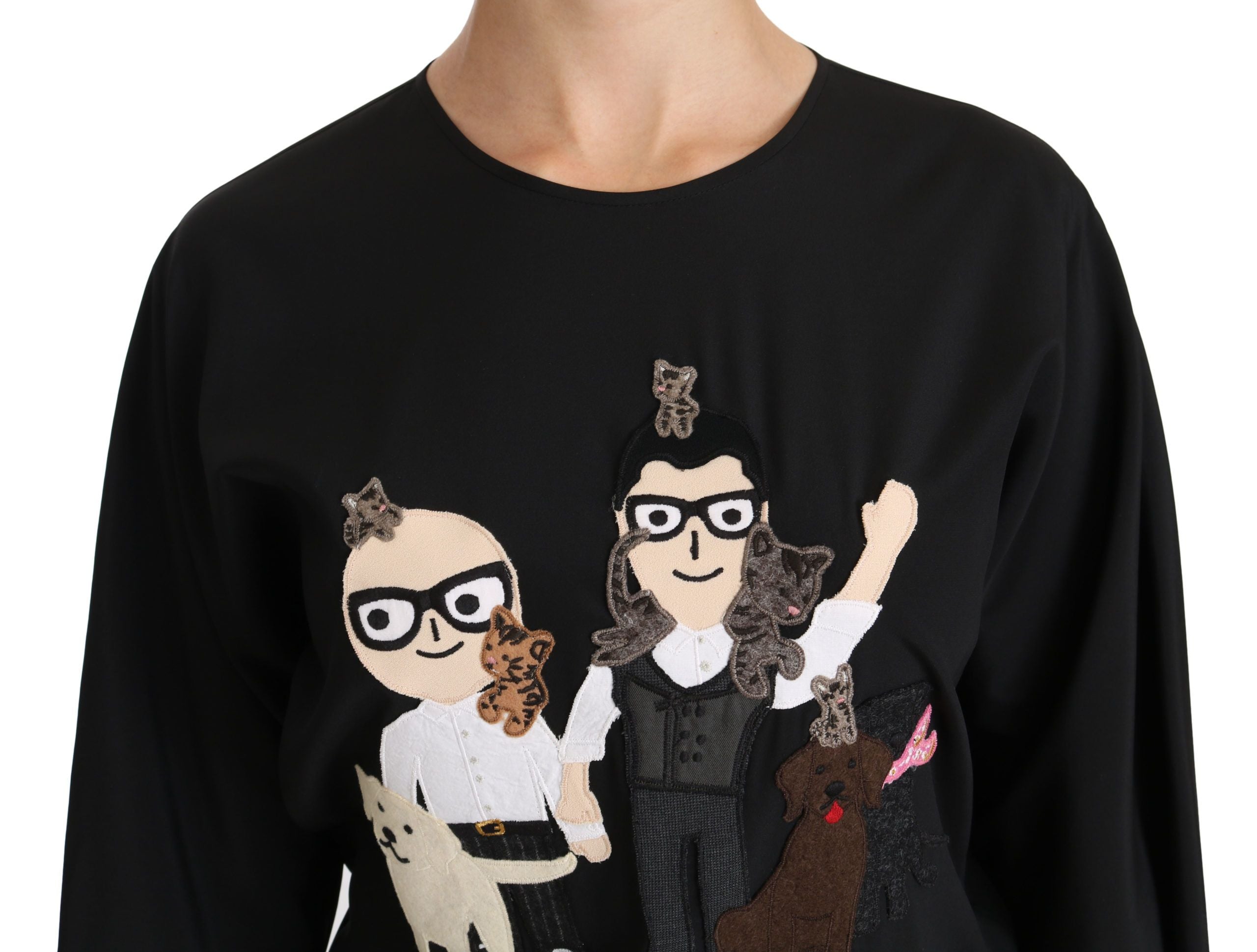Dolce &amp; Gabbana – Elegantes, schwarzes, besticktes Stretch-Oberteil aus Seide