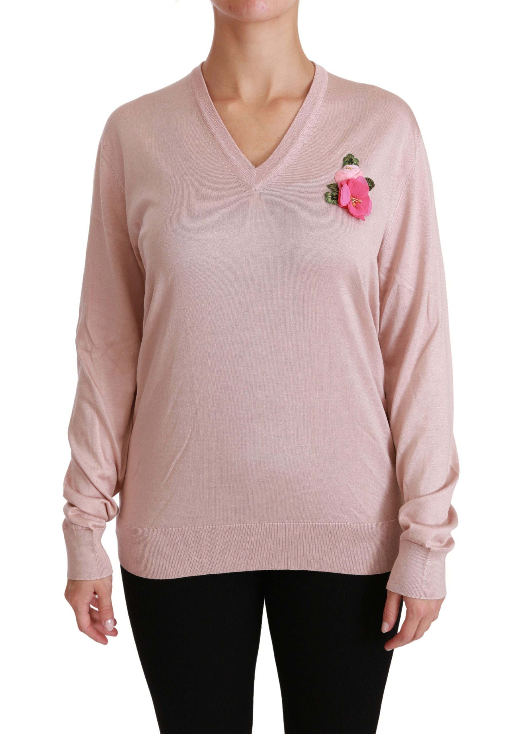 Dolce &amp; Gabbana – Rosa Seidenpullover mit V-Ausschnitt und Blumenmuster