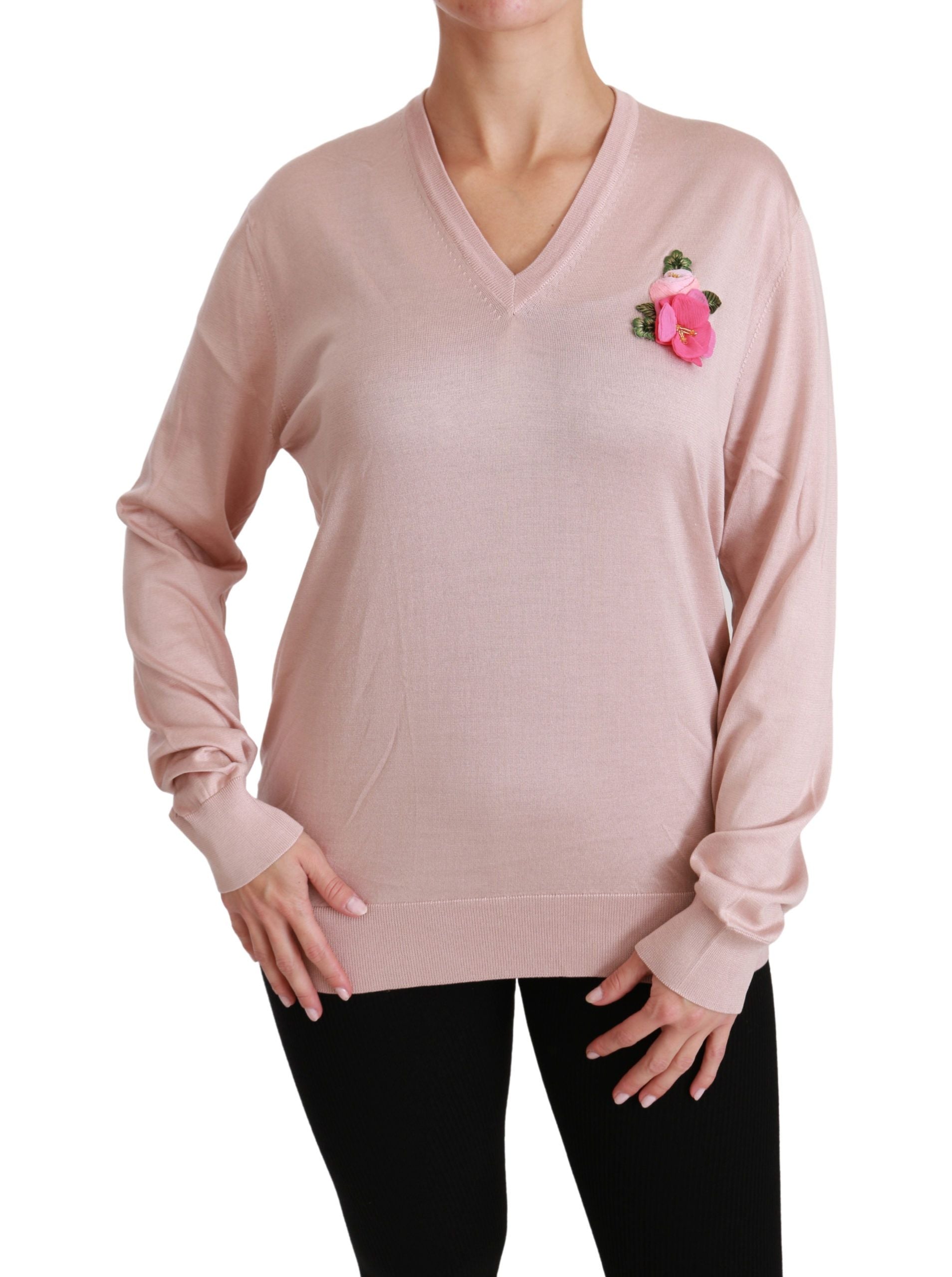 Dolce &amp; Gabbana – Rosa Seidenpullover mit V-Ausschnitt und Blumenmuster