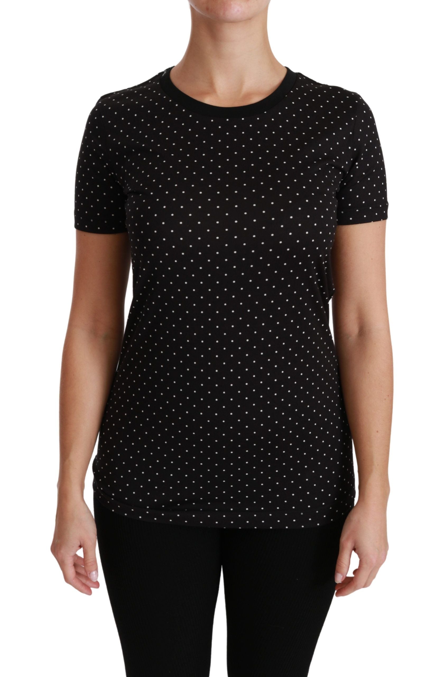 Dolce &amp; Gabbana Chic Schwarzes gepunktetes Baumwoll-T-Shirt mit Rundhalsausschnitt