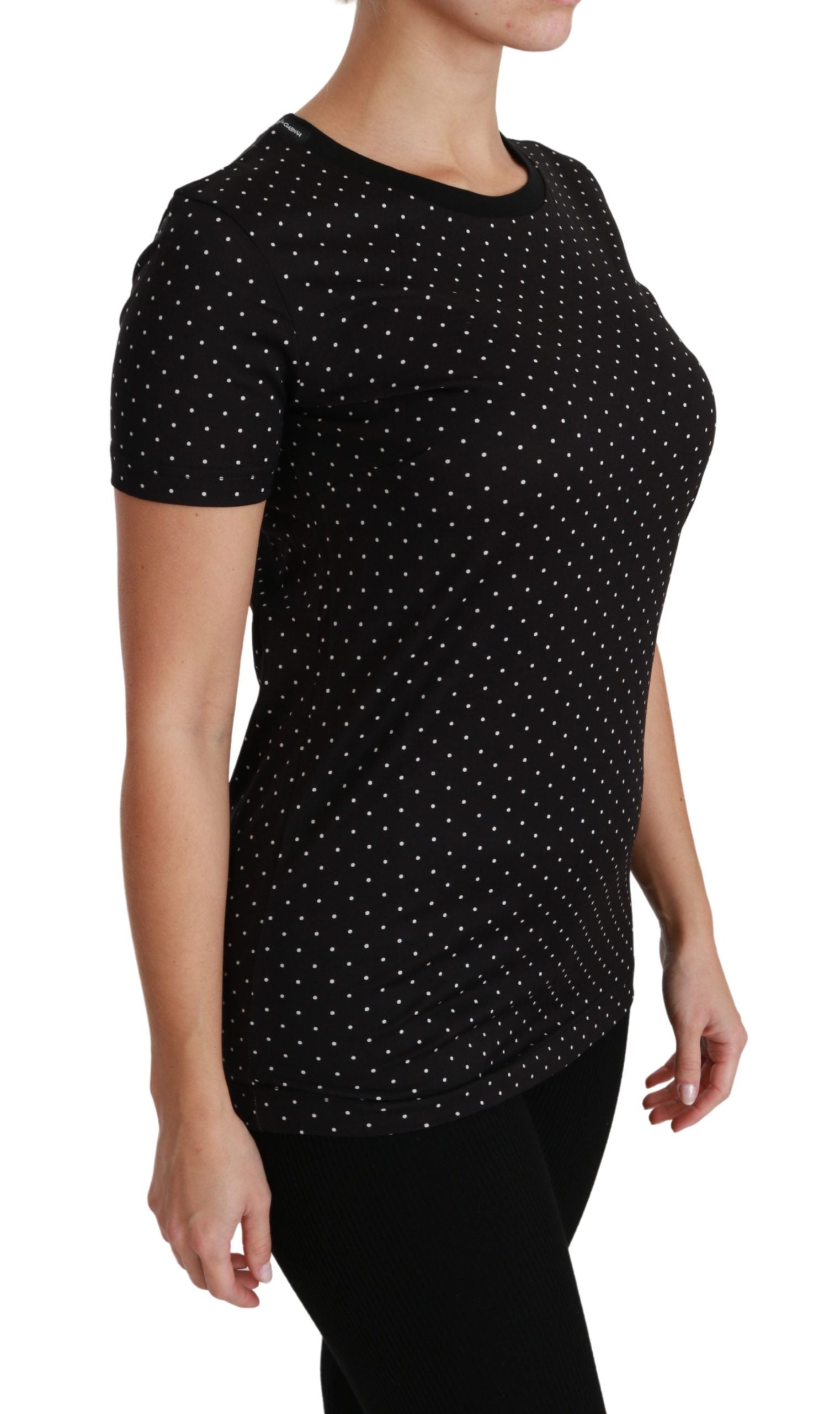 Dolce &amp; Gabbana Chic Schwarzes gepunktetes Baumwoll-T-Shirt mit Rundhalsausschnitt