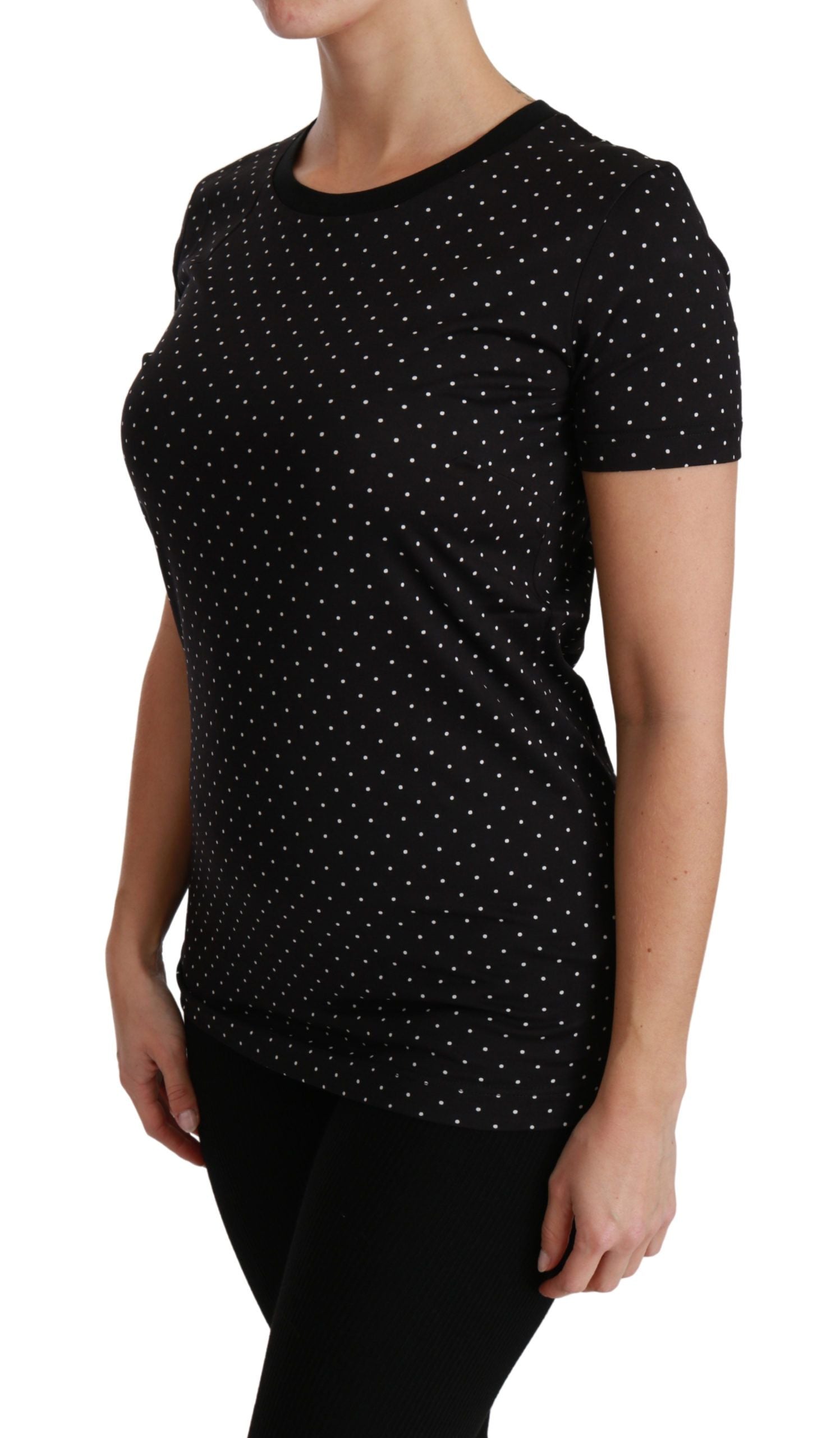 Dolce &amp; Gabbana Chic Schwarzes gepunktetes Baumwoll-T-Shirt mit Rundhalsausschnitt