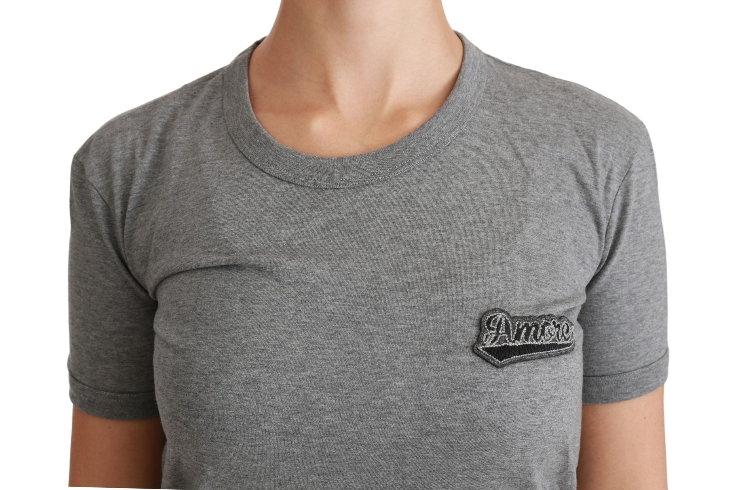 Dolce &amp; Gabbana Chic Graues Rundhals-T-Shirt mit Amore-Patch
