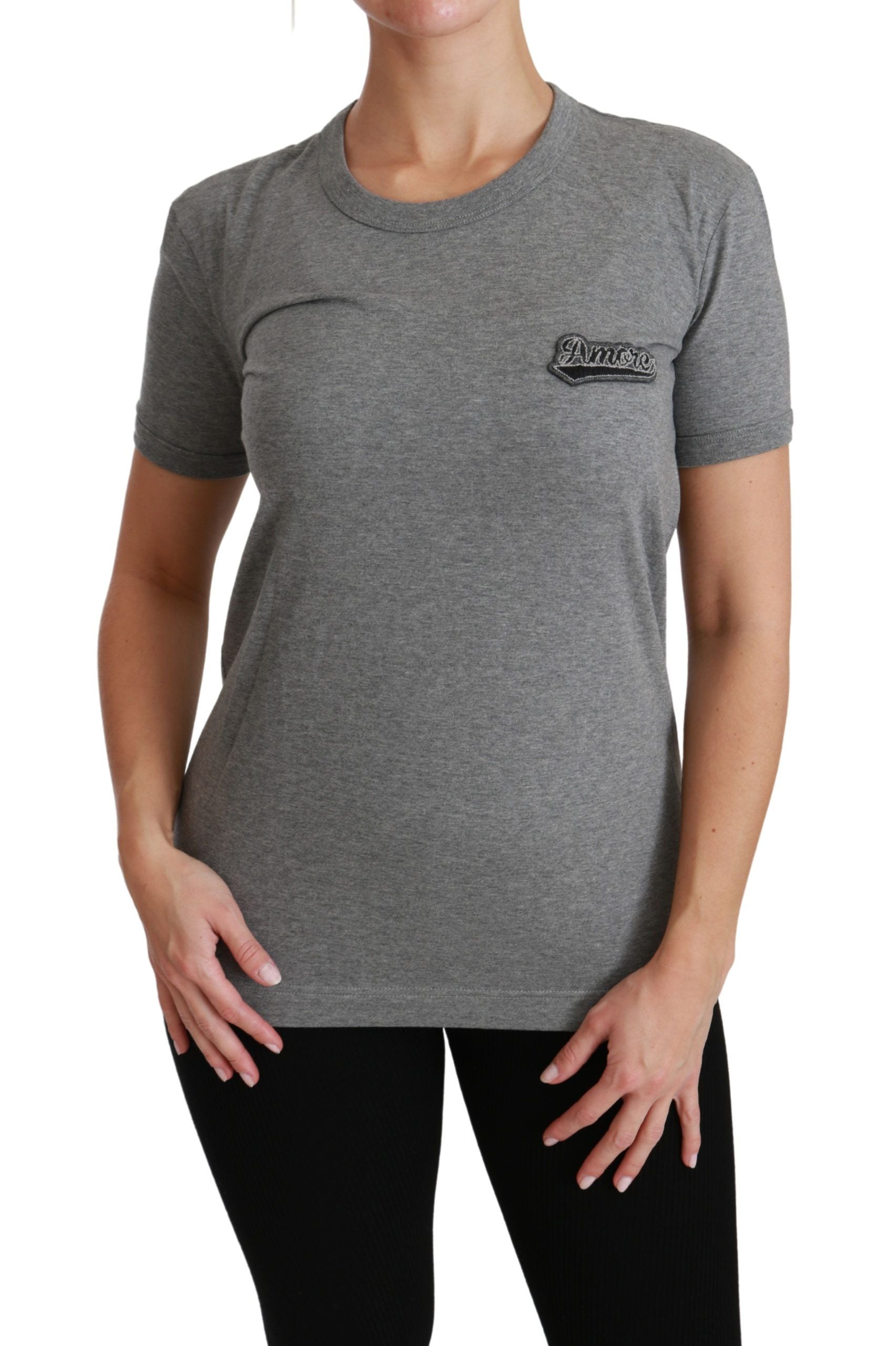 Dolce &amp; Gabbana Chic Graues Rundhals-T-Shirt mit Amore-Patch
