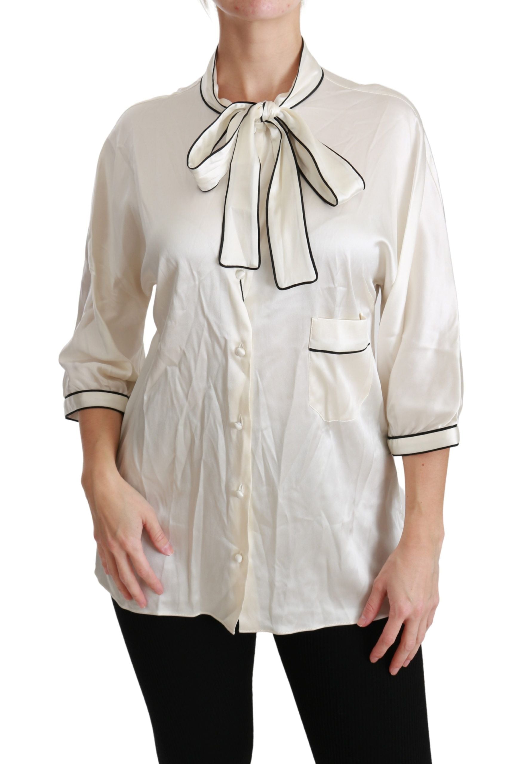 Dolce &amp; Gabbana Elegante beige Seidenbluse mit Schleifenschal