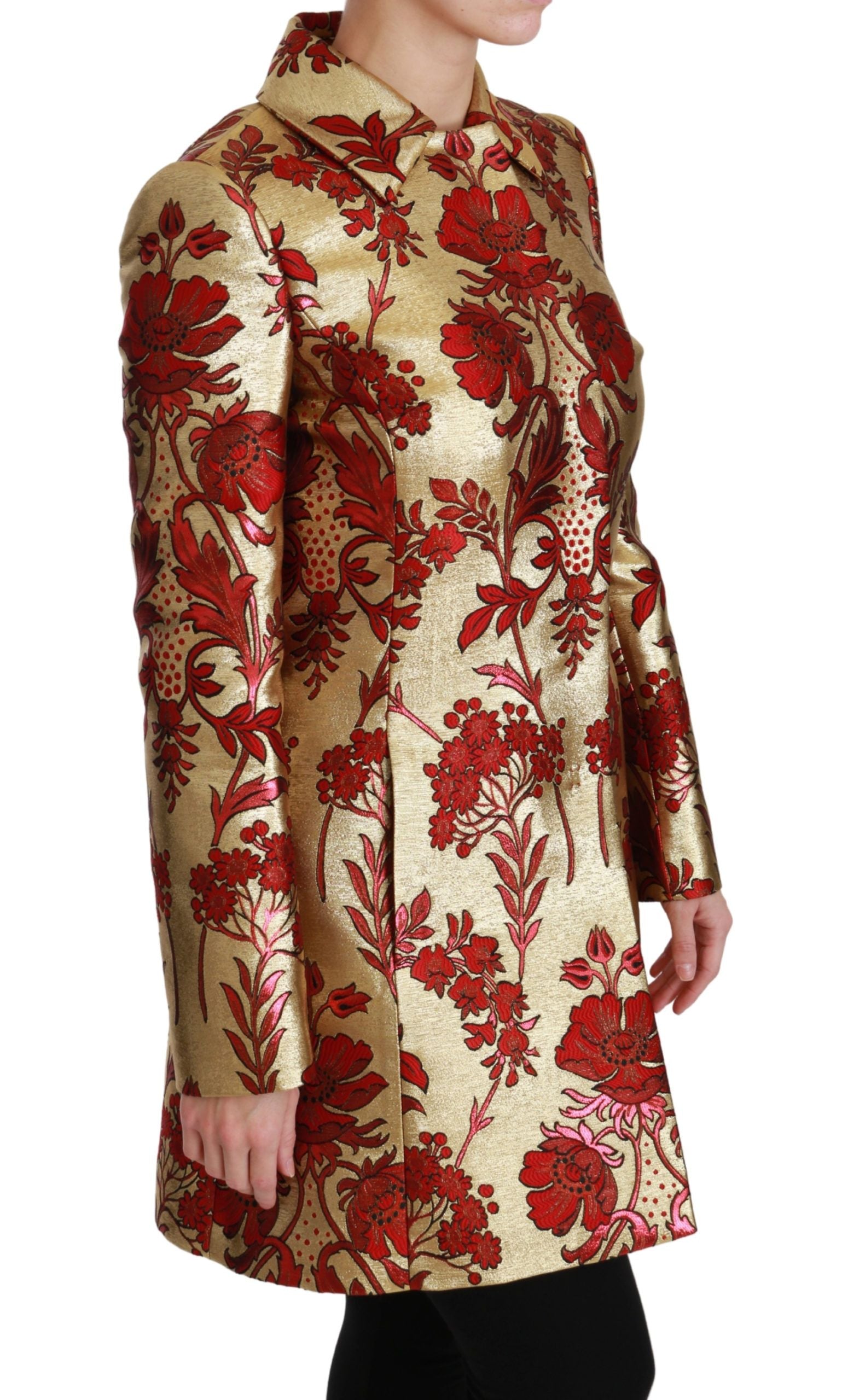 Dolce &amp; Gabbana – Eleganter Trenchcoat aus goldenem Brokat mit Blumenmuster