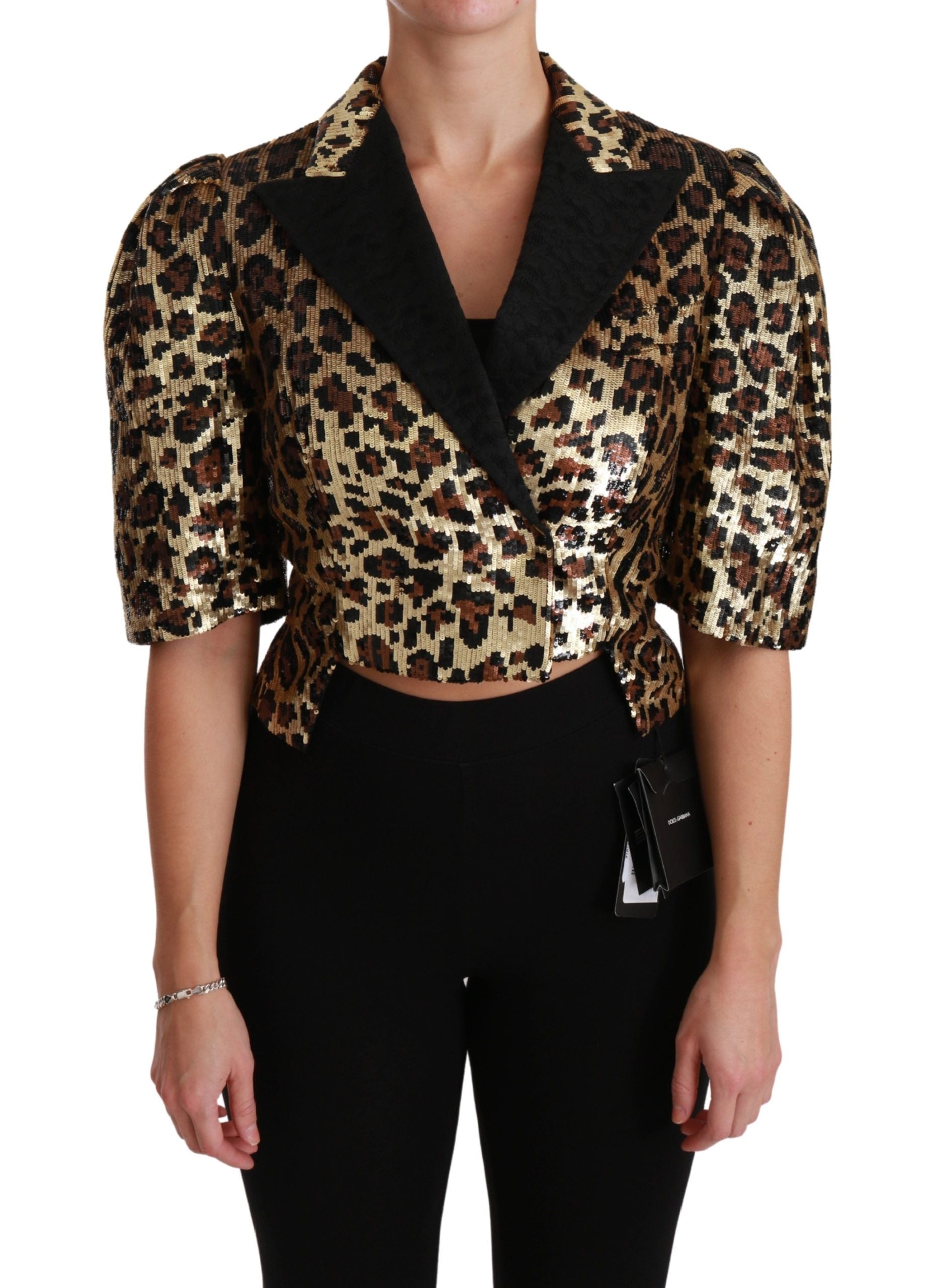Dolce &amp; Gabbana – Kurzärmliger Blazer mit goldenem Leopardenmuster