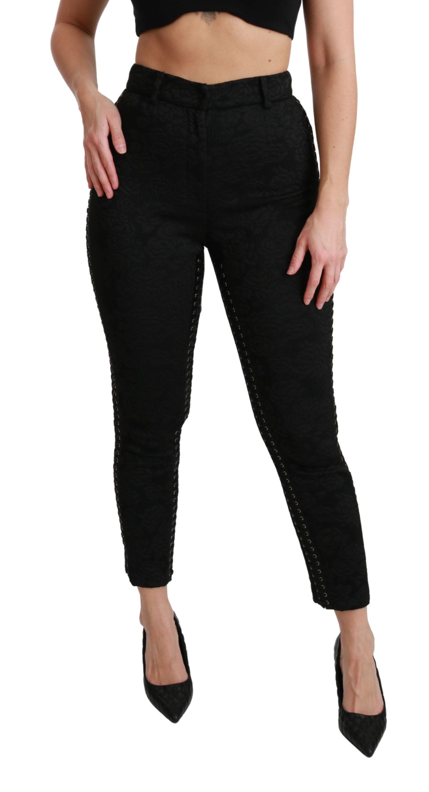 Dolce &amp; Gabbana Elegante Skinny-Hose aus schwarzem Brokat mit hoher Taille