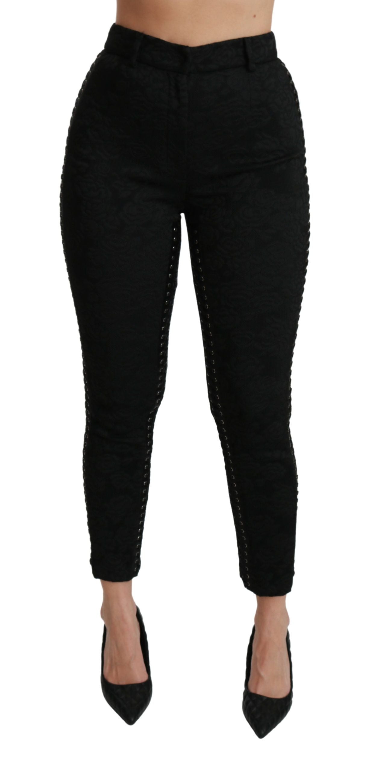Dolce &amp; Gabbana Elegante Skinny-Hose aus schwarzem Brokat mit hoher Taille