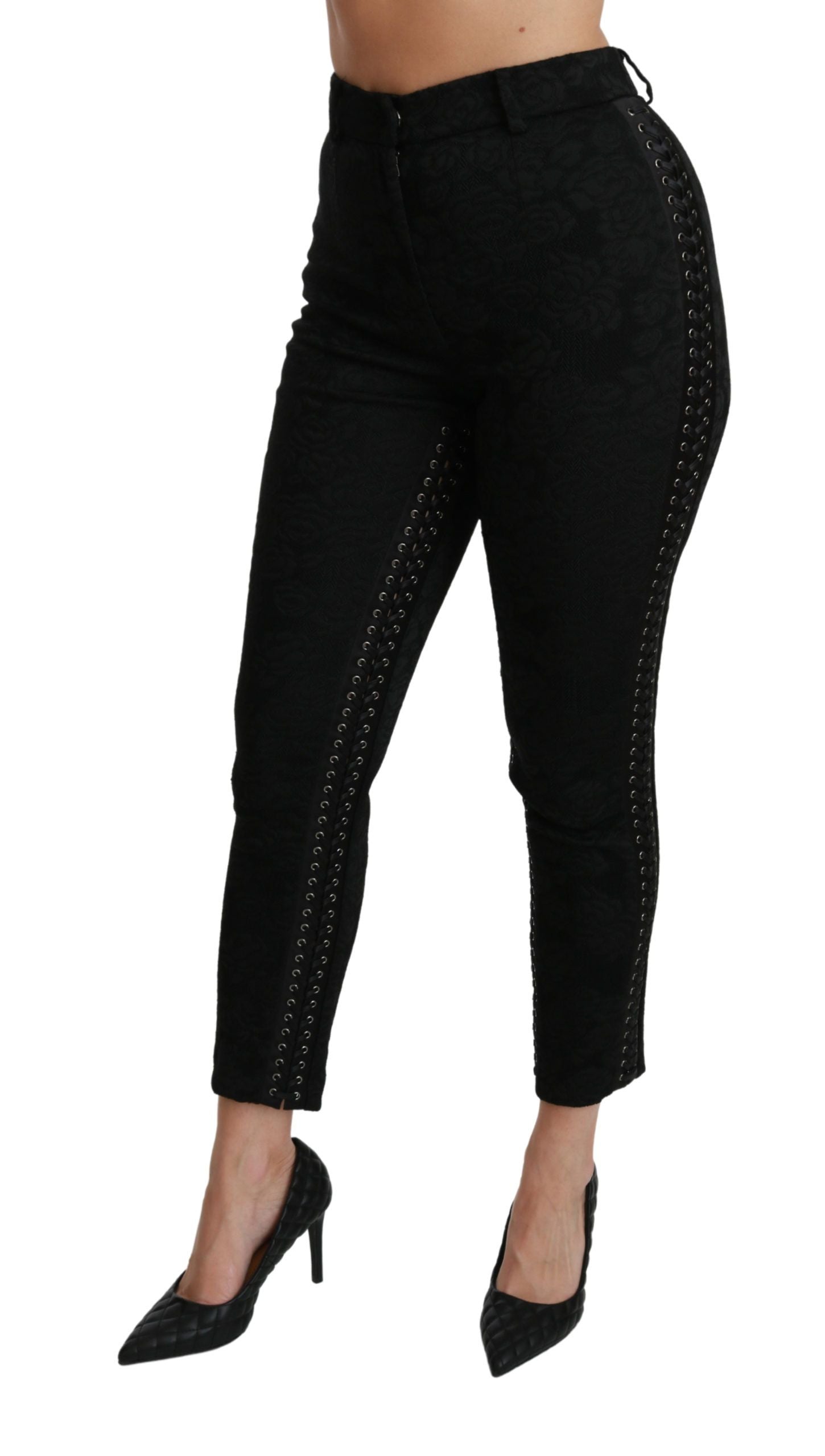 Dolce &amp; Gabbana Elegante Skinny-Hose aus schwarzem Brokat mit hoher Taille