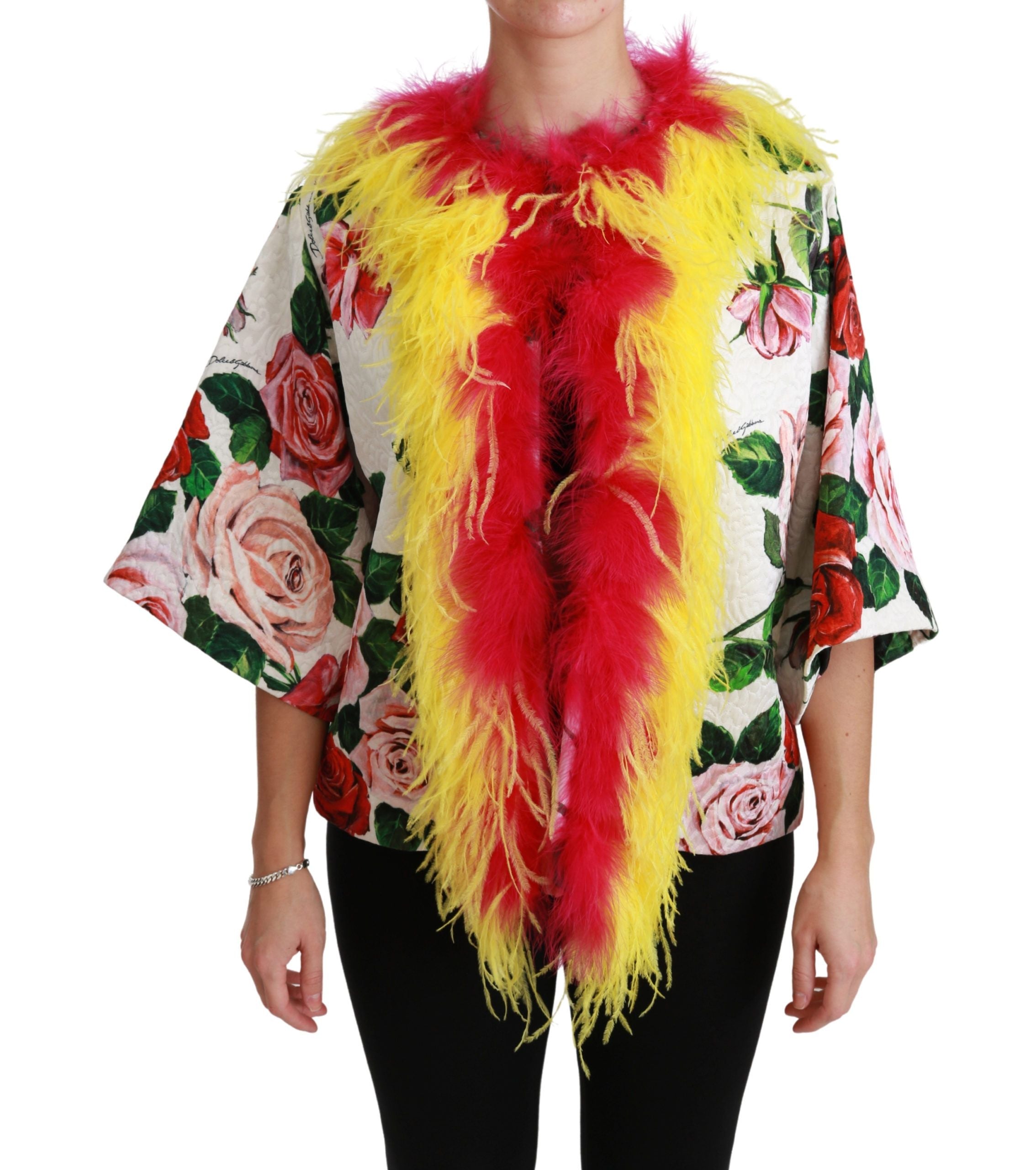 Dolce &amp; Gabbana Elegante Cape-Jacke mit Blumenmuster und Pelzdetails