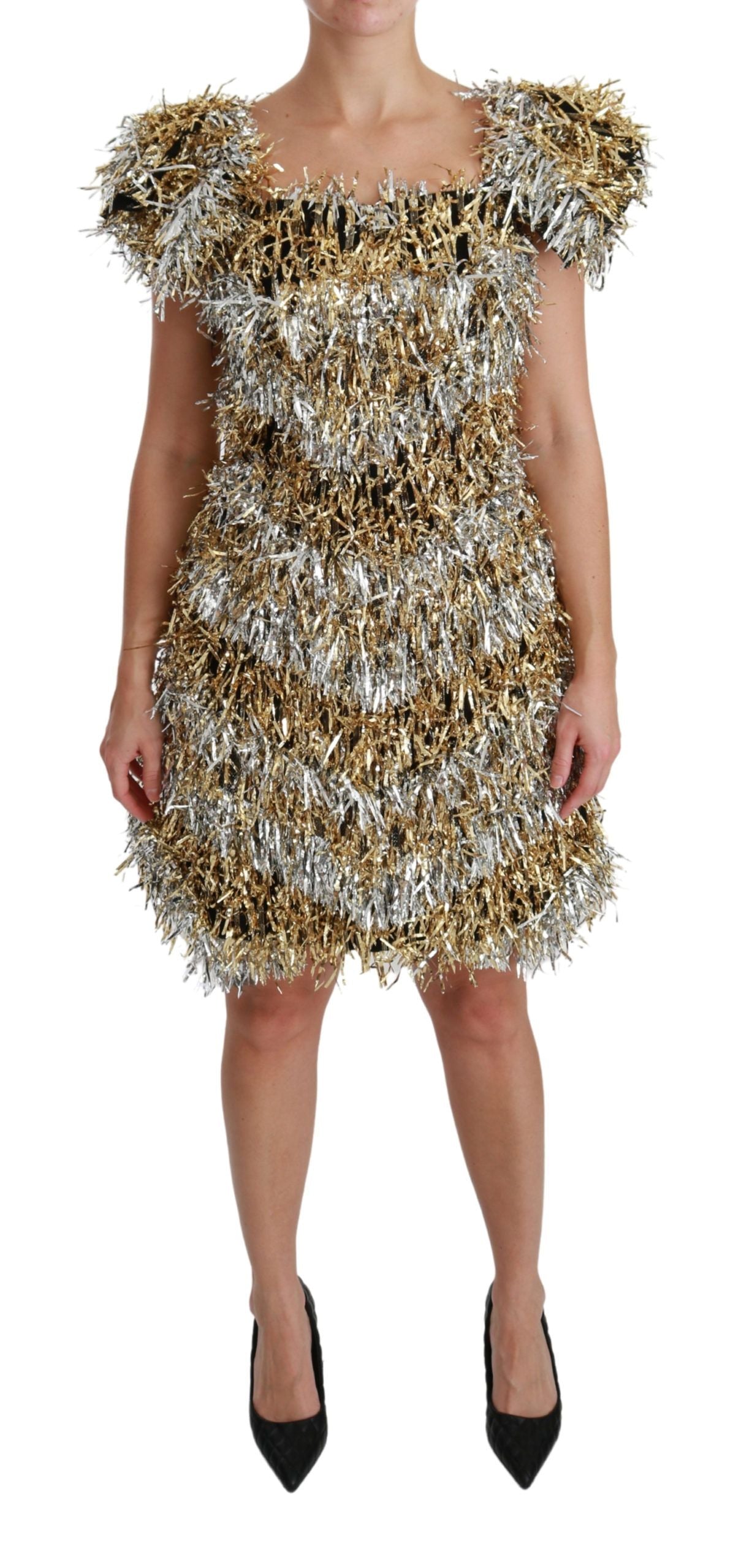 Dolce &amp; Gabbana – Elegantes, silbernes Mini-Etuikleid mit Lagenmuster