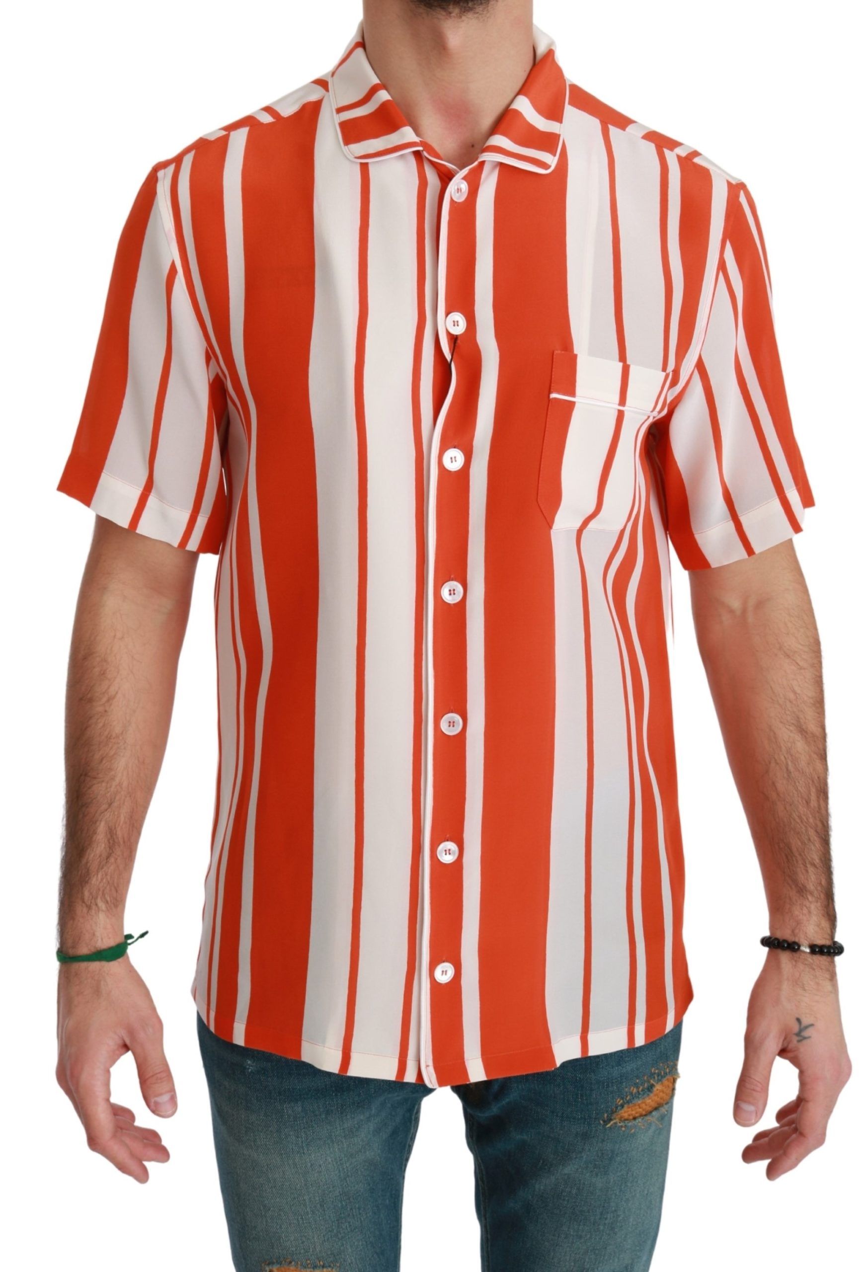 Dolce &amp; Gabbana Elegantes gestreiftes Seidenhemd - Weiß &amp; Orange