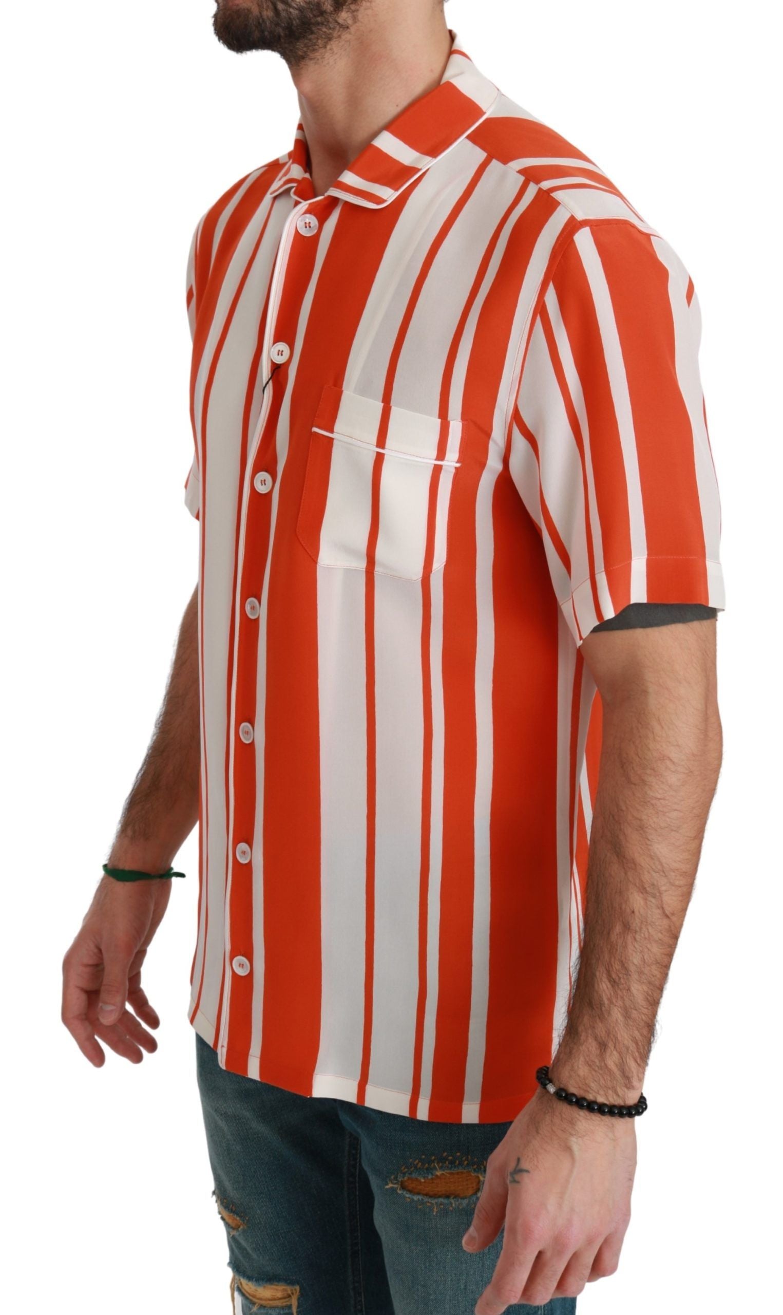 Dolce &amp; Gabbana Elegantes gestreiftes Seidenhemd - Weiß &amp; Orange