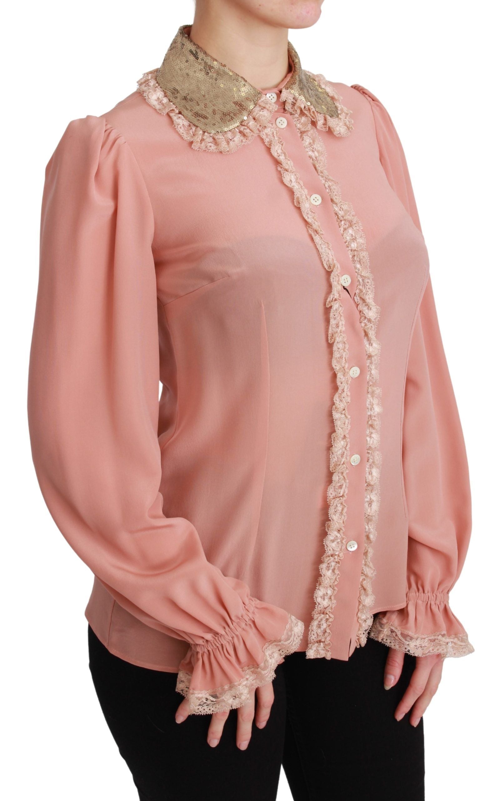 Dolce &amp; Gabbana Elegante rosa Spitzen-Seidenbluse mit goldenen Pailletten