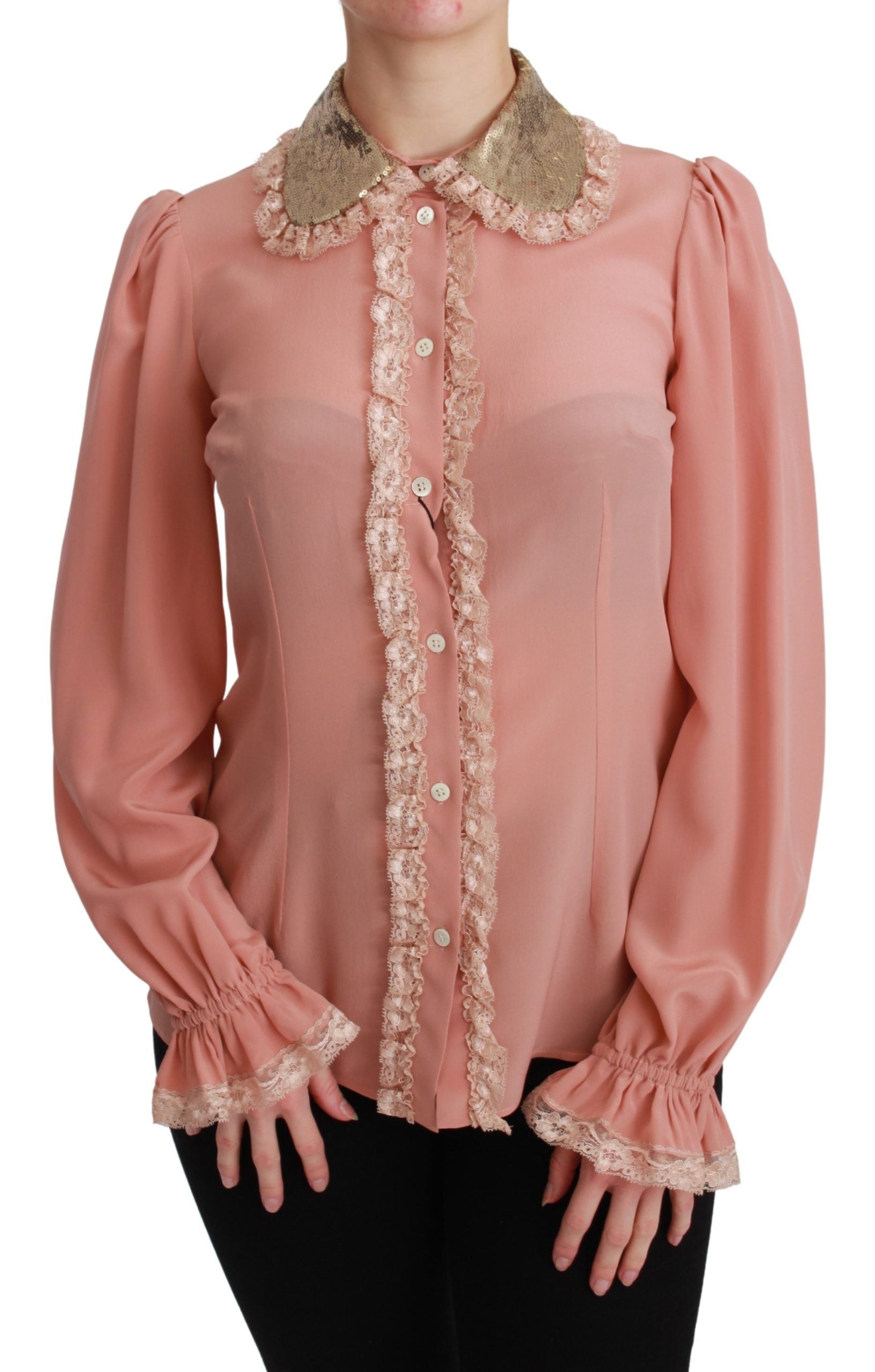 Dolce &amp; Gabbana Elegante rosa Spitzen-Seidenbluse mit goldenen Pailletten