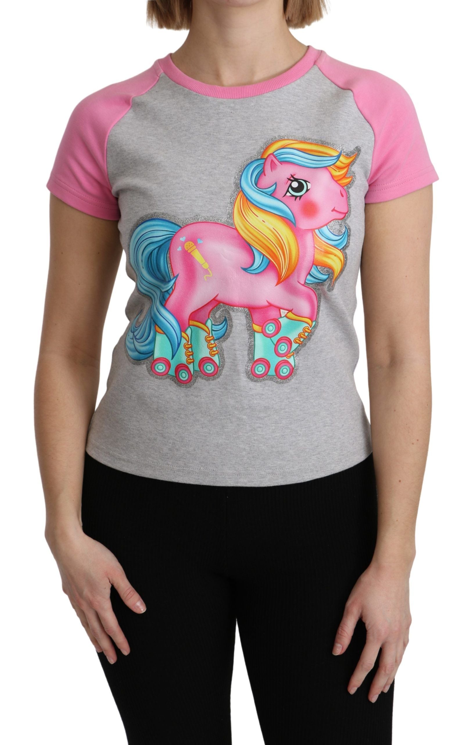 Tricou Moschino Chic gri din bumbac cu guler rotund și accente roz