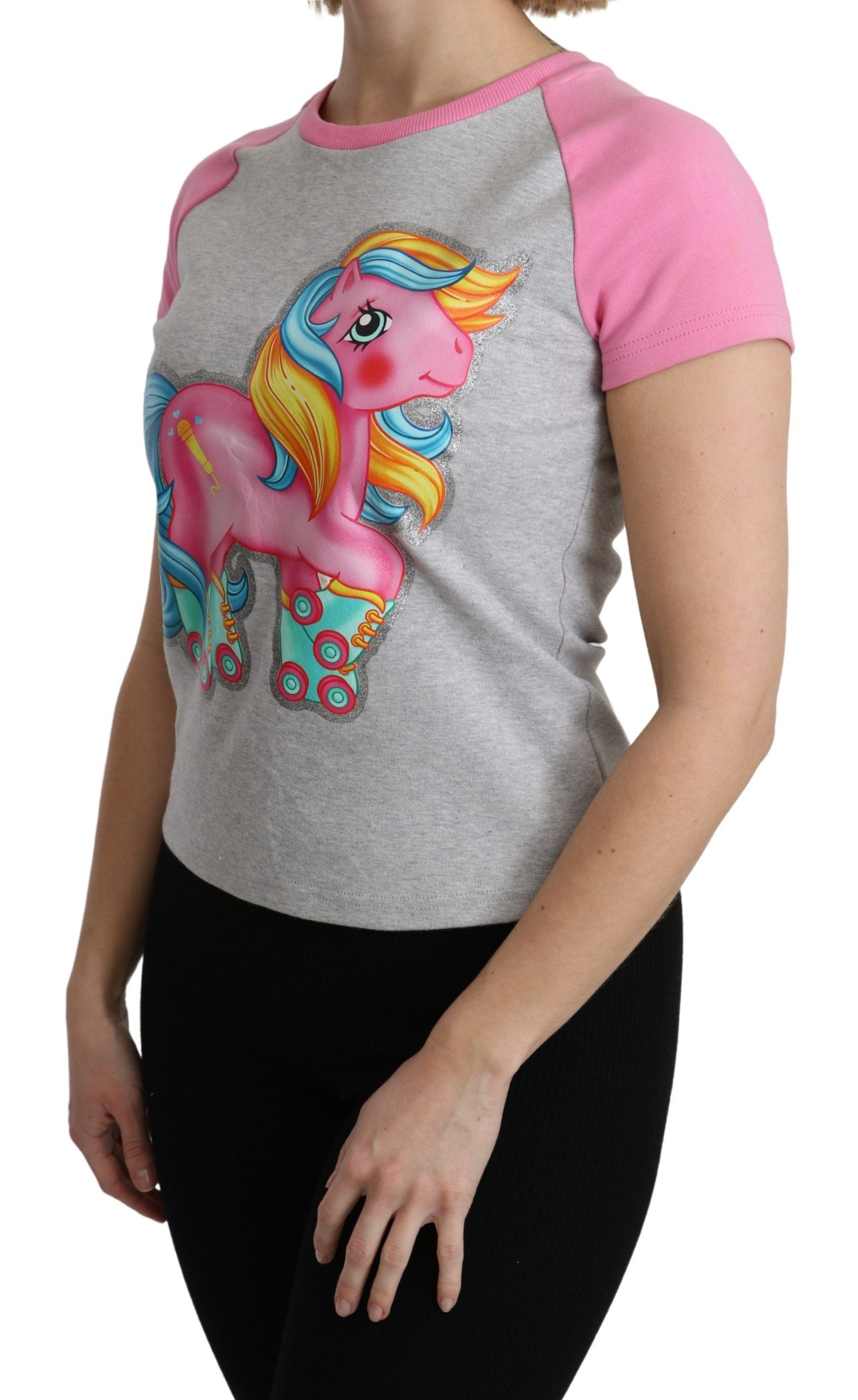 Tricou Moschino Chic gri din bumbac cu guler rotund și accente roz