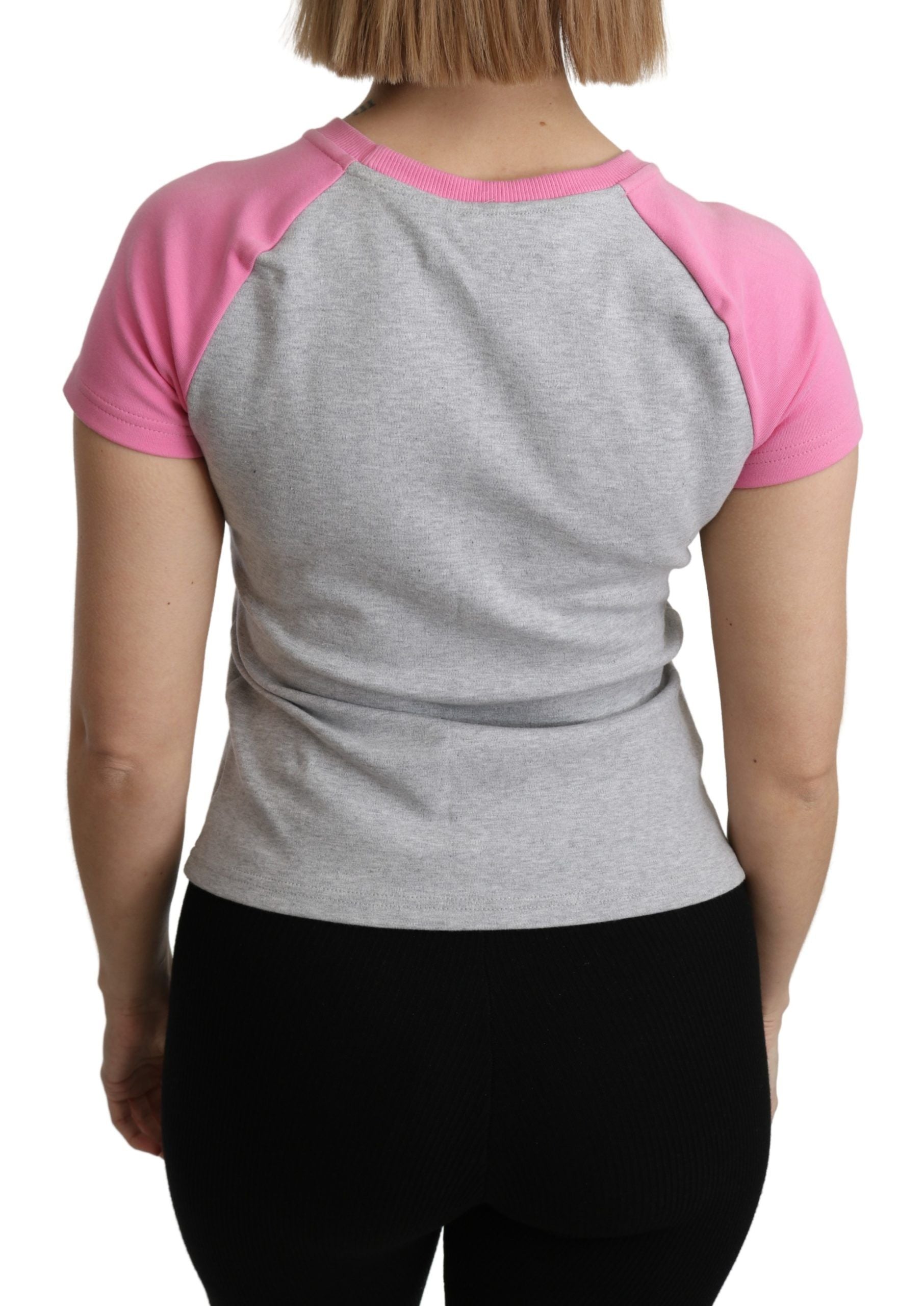 Tricou Moschino Chic gri din bumbac cu guler rotund și accente roz