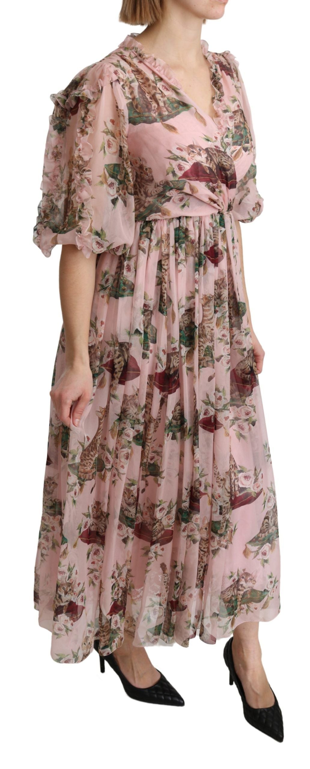 Dolce &amp; Gabbana – Elegantes Maxikleid in A-Linie mit rosa Bengalkatzen-Print