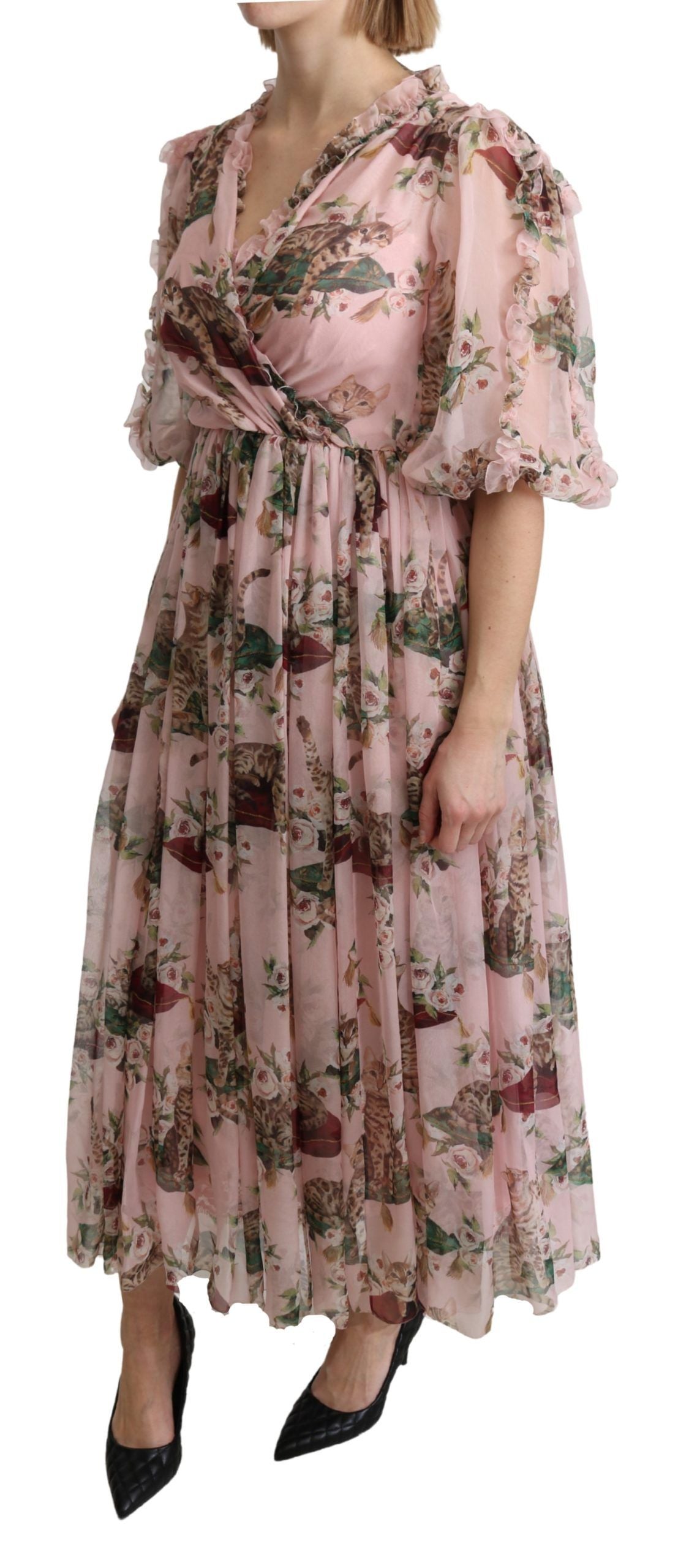 Dolce &amp; Gabbana – Elegantes Maxikleid in A-Linie mit rosa Bengalkatzen-Print