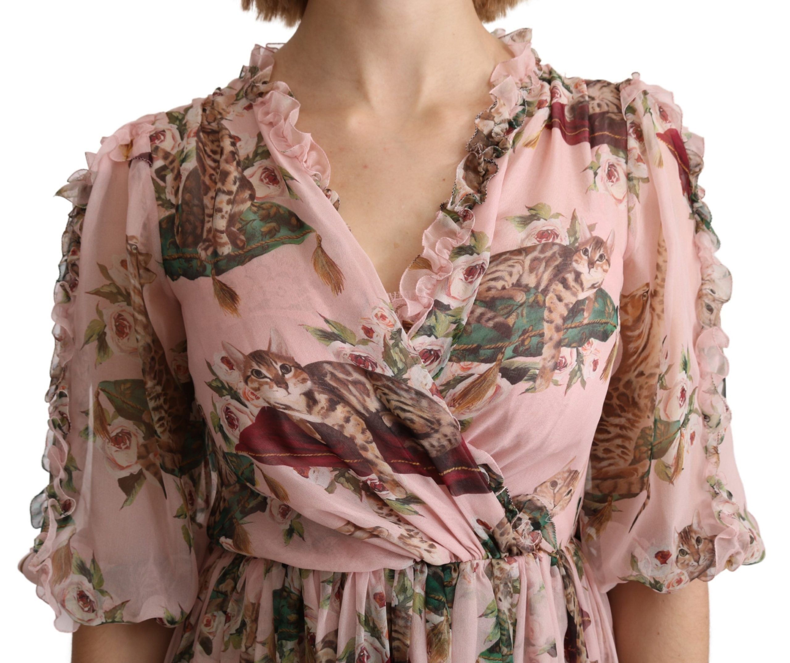 Dolce &amp; Gabbana – Elegantes Maxikleid in A-Linie mit rosa Bengalkatzen-Print