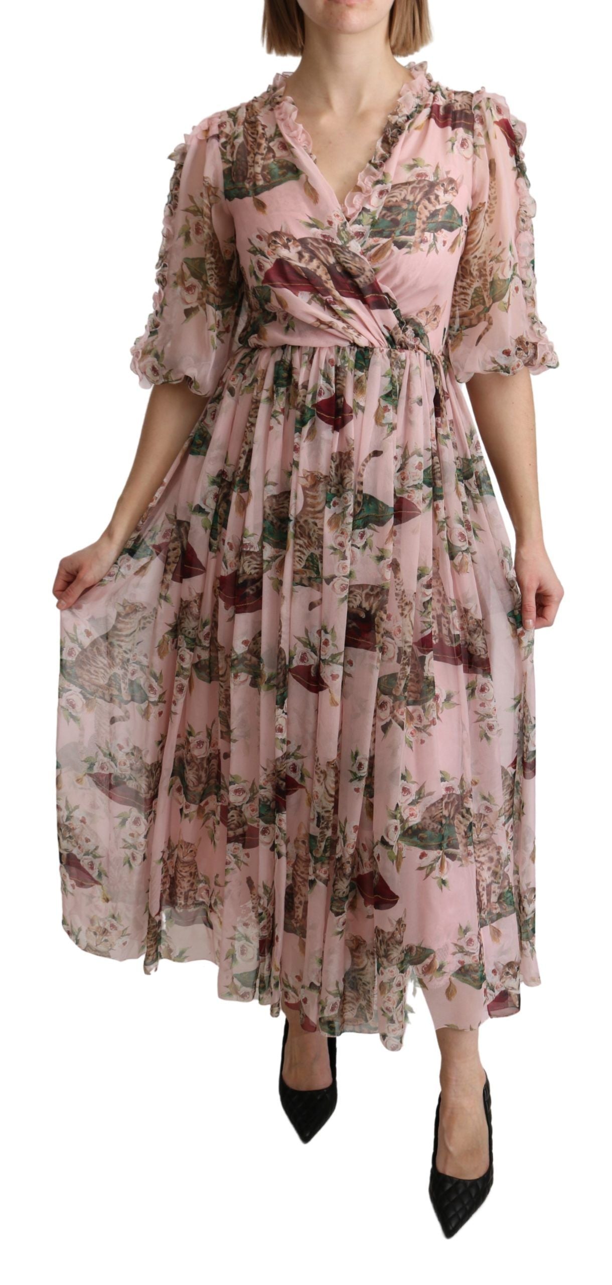 Dolce &amp; Gabbana – Elegantes Maxikleid in A-Linie mit rosa Bengalkatzen-Print