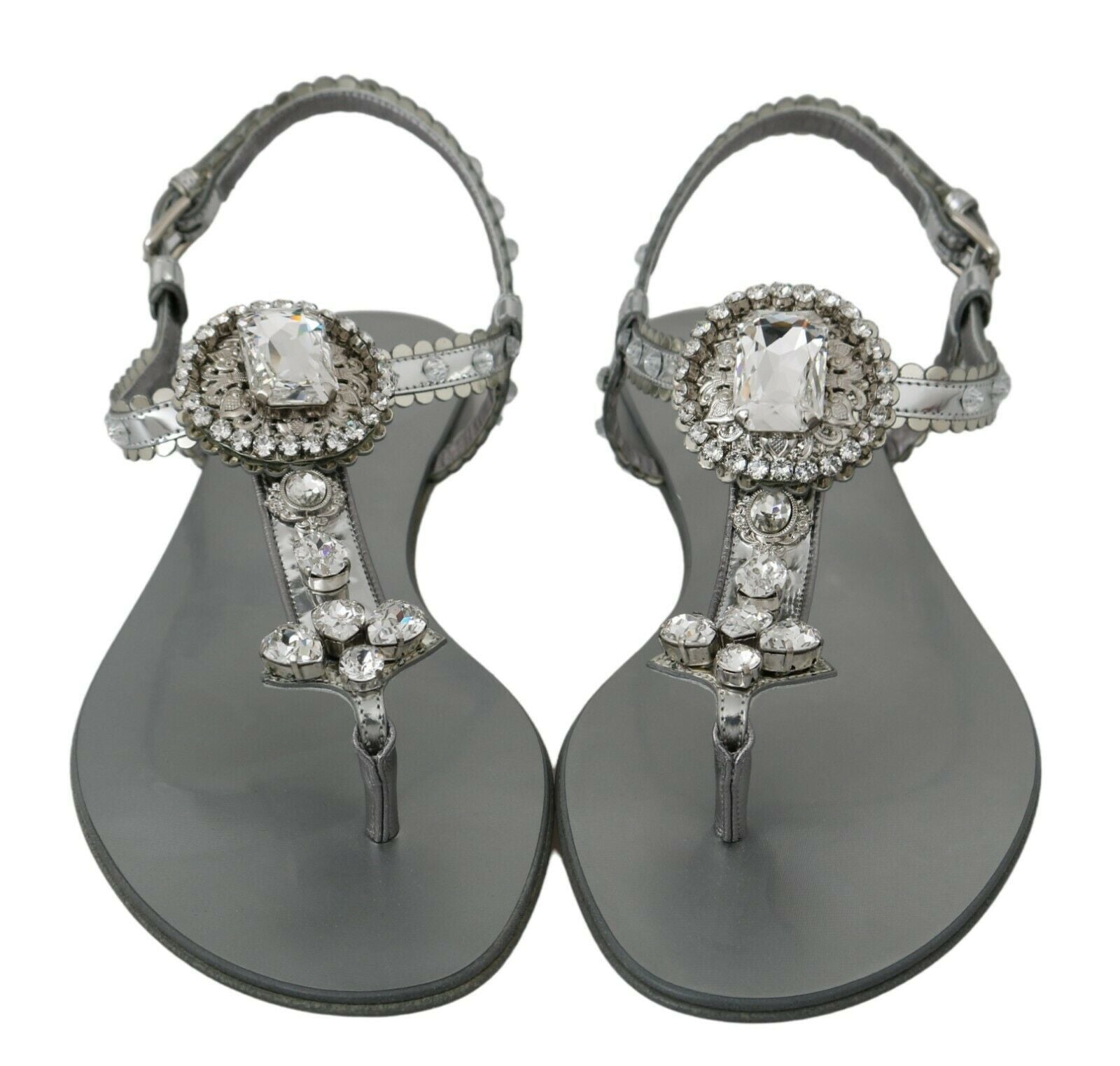 Dolce &amp; Gabbana Elegante silberne Flats mit Kristallverzierungen