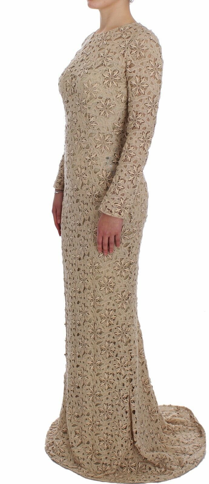 Dolce &amp; Gabbana Beiges Maxikleid mit Blumenspitze und langen Ärmeln
