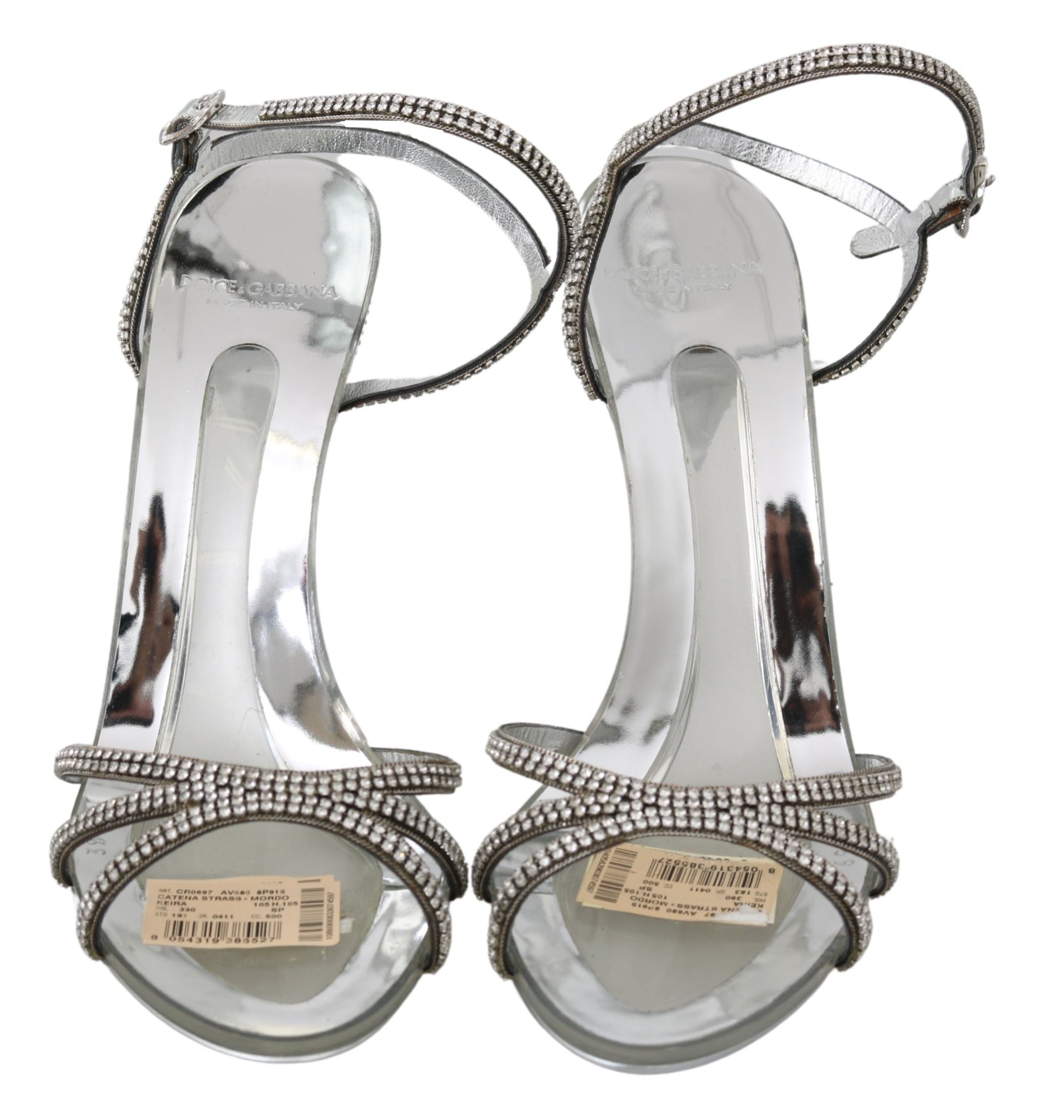 Dolce &amp; Gabbana – Silberne Sandalen aus Leder mit Knöchelriemen und Kristallen