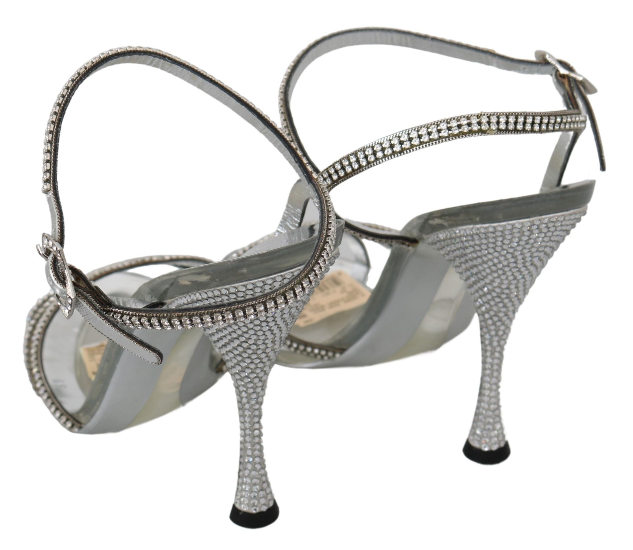 Dolce &amp; Gabbana – Silberne Sandalen aus Leder mit Knöchelriemen und Kristallen