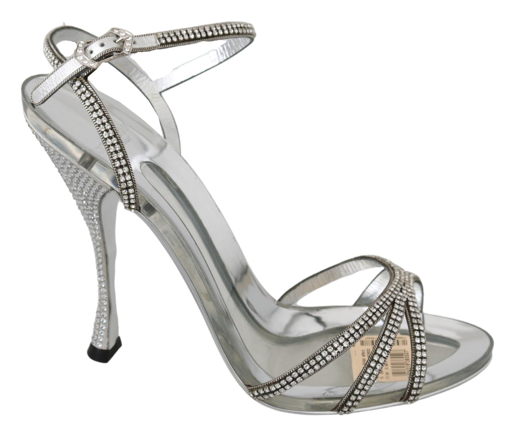 Dolce &amp; Gabbana – Silberne Sandalen aus Leder mit Knöchelriemen und Kristallen