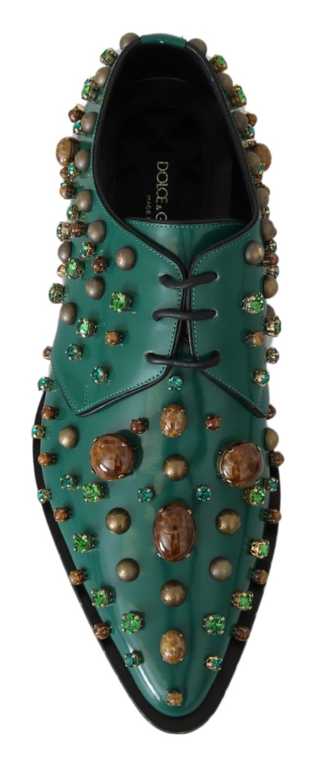 Dolce &amp; Gabbana – Smaragdgrüne Lederschuhe mit Kristallakzenten