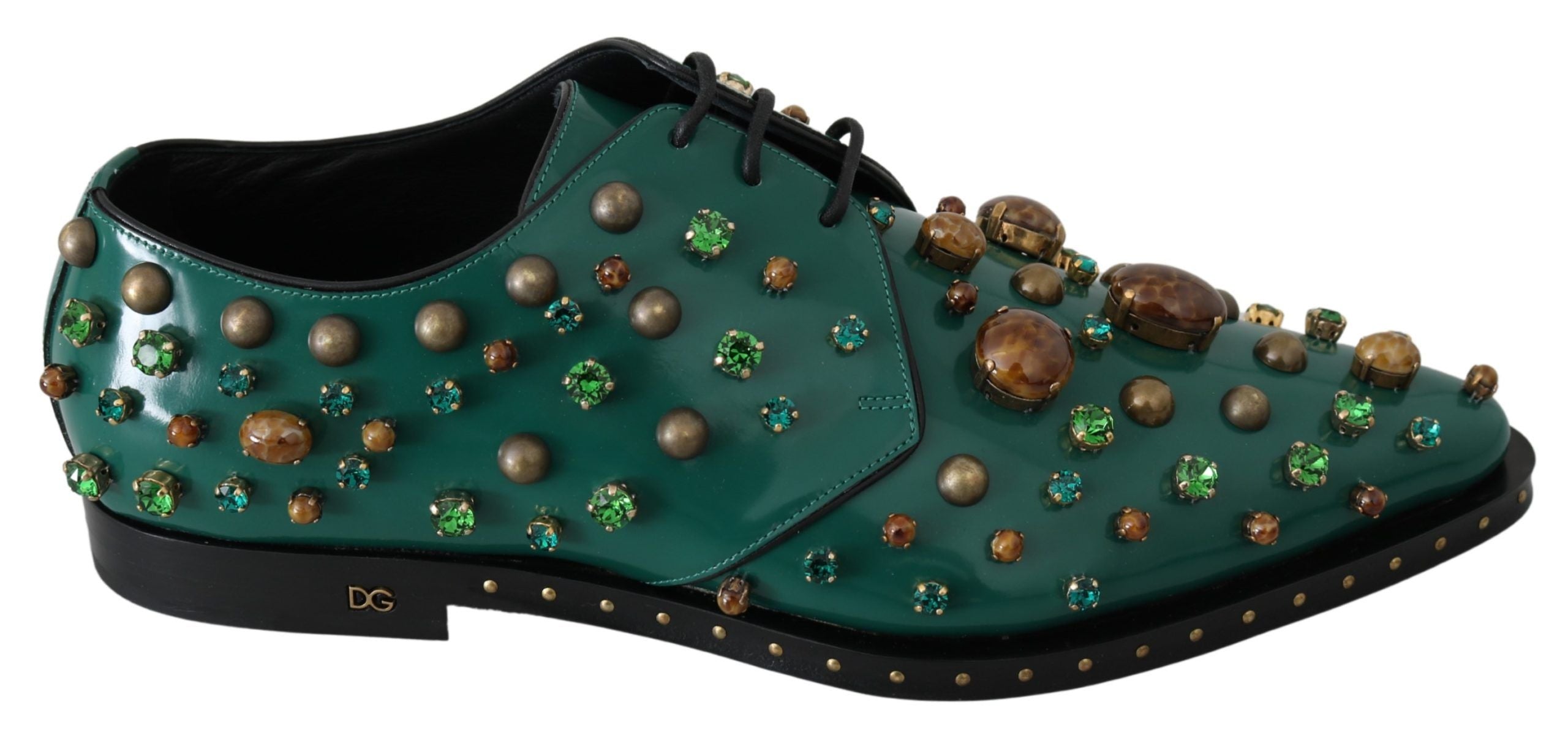 Dolce &amp; Gabbana – Smaragdgrüne Lederschuhe mit Kristallakzenten
