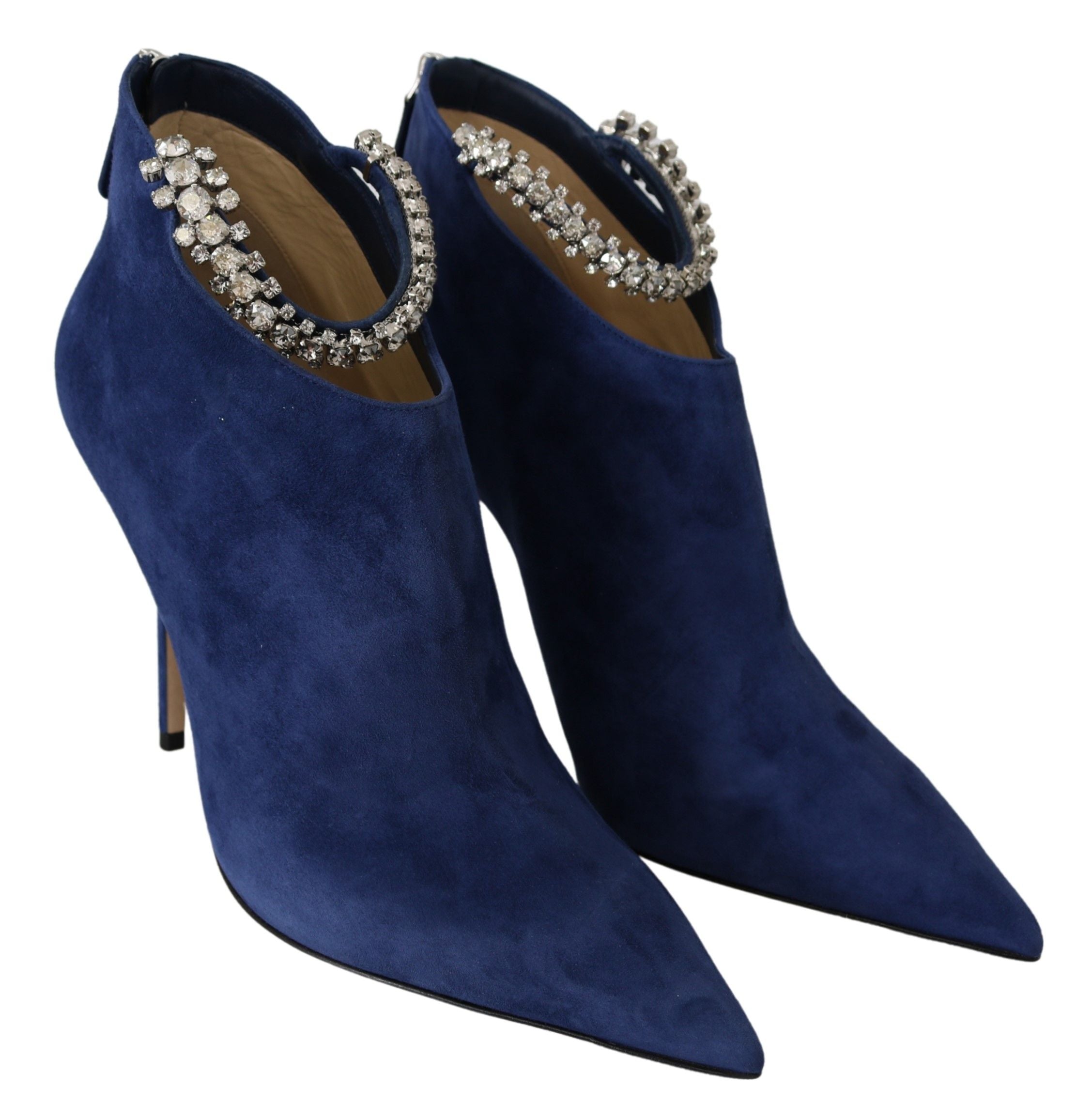 Jimmy Choo Pop Blaue Stiefel mit Kristallriemen und Absatz