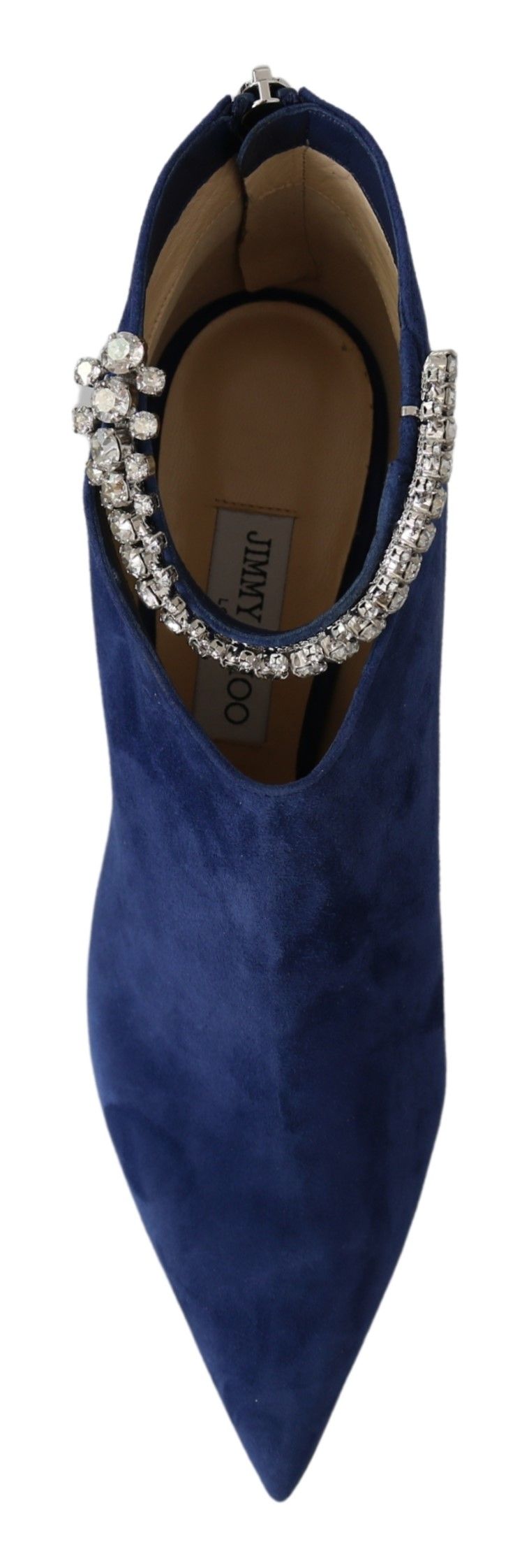 Jimmy Choo Pop Blaue Stiefel mit Kristallriemen und Absatz