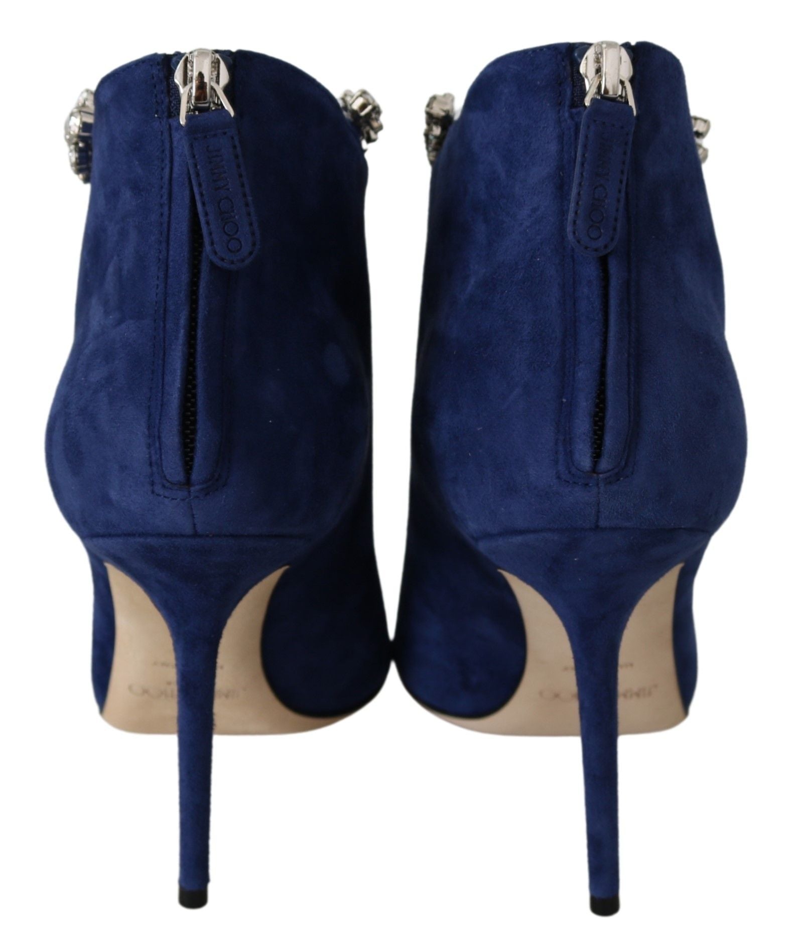 Jimmy Choo Pop Blaue Stiefel mit Kristallriemen und Absatz