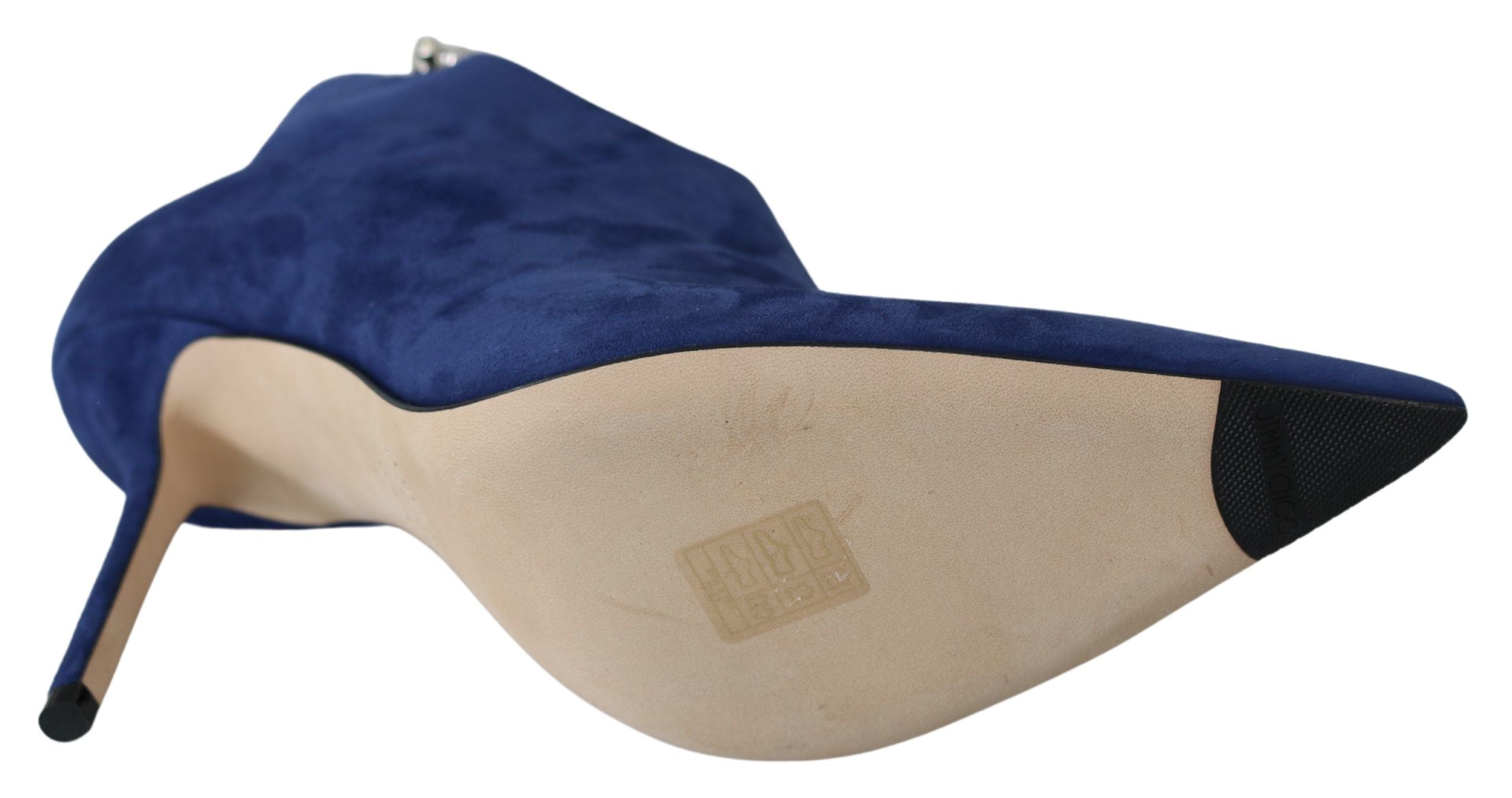 Jimmy Choo Pop Blaue Stiefel mit Kristallriemen und Absatz