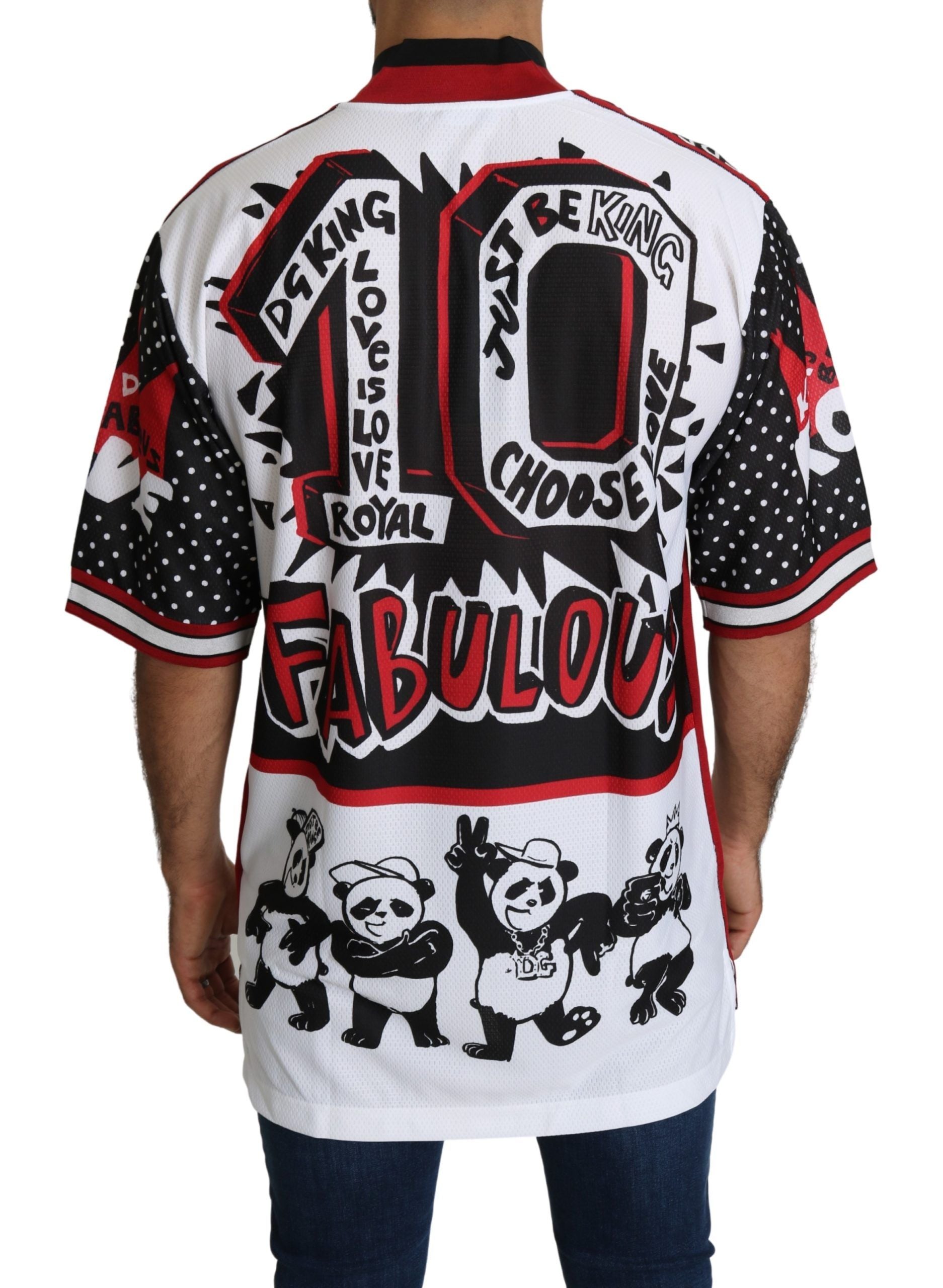 Dolce &amp; Gabbana Schickes weißes T-Shirt mit Reißverschlusskragen und King-Panda-Print