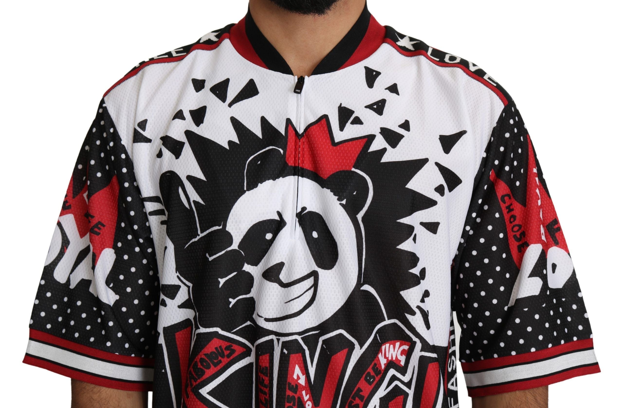 Dolce &amp; Gabbana Schickes weißes T-Shirt mit Reißverschlusskragen und King-Panda-Print
