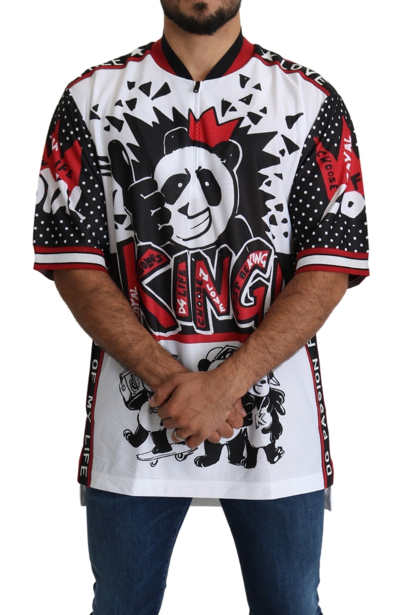 Dolce &amp; Gabbana Schickes weißes T-Shirt mit Reißverschlusskragen und King-Panda-Print