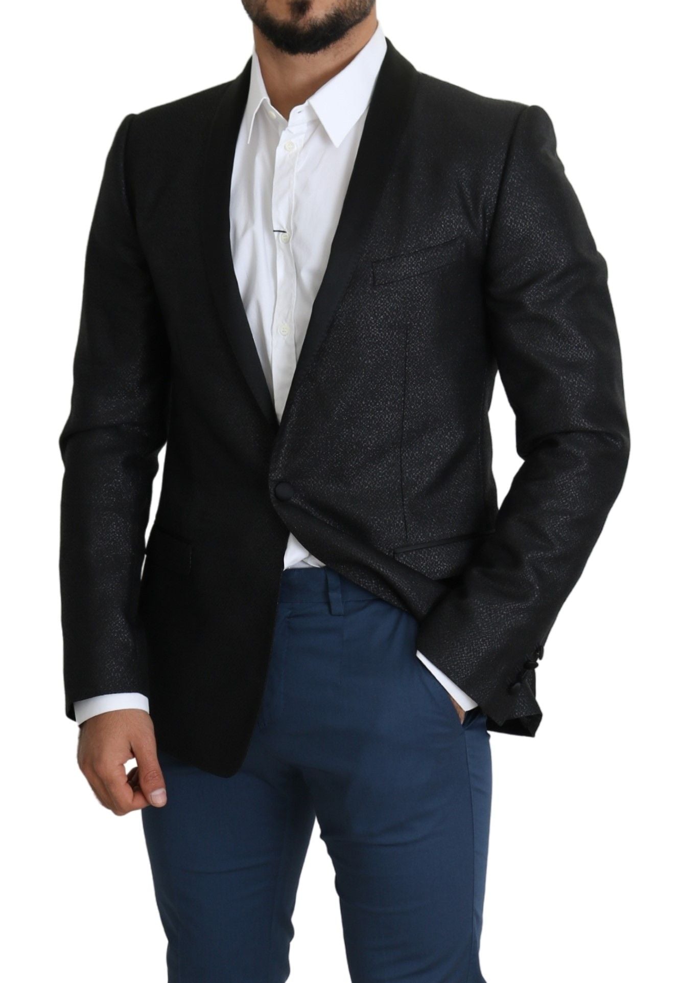 Dolce &amp; Gabbana – Eleganter, schwarzer Jacquard-Blazer im Slim Fit