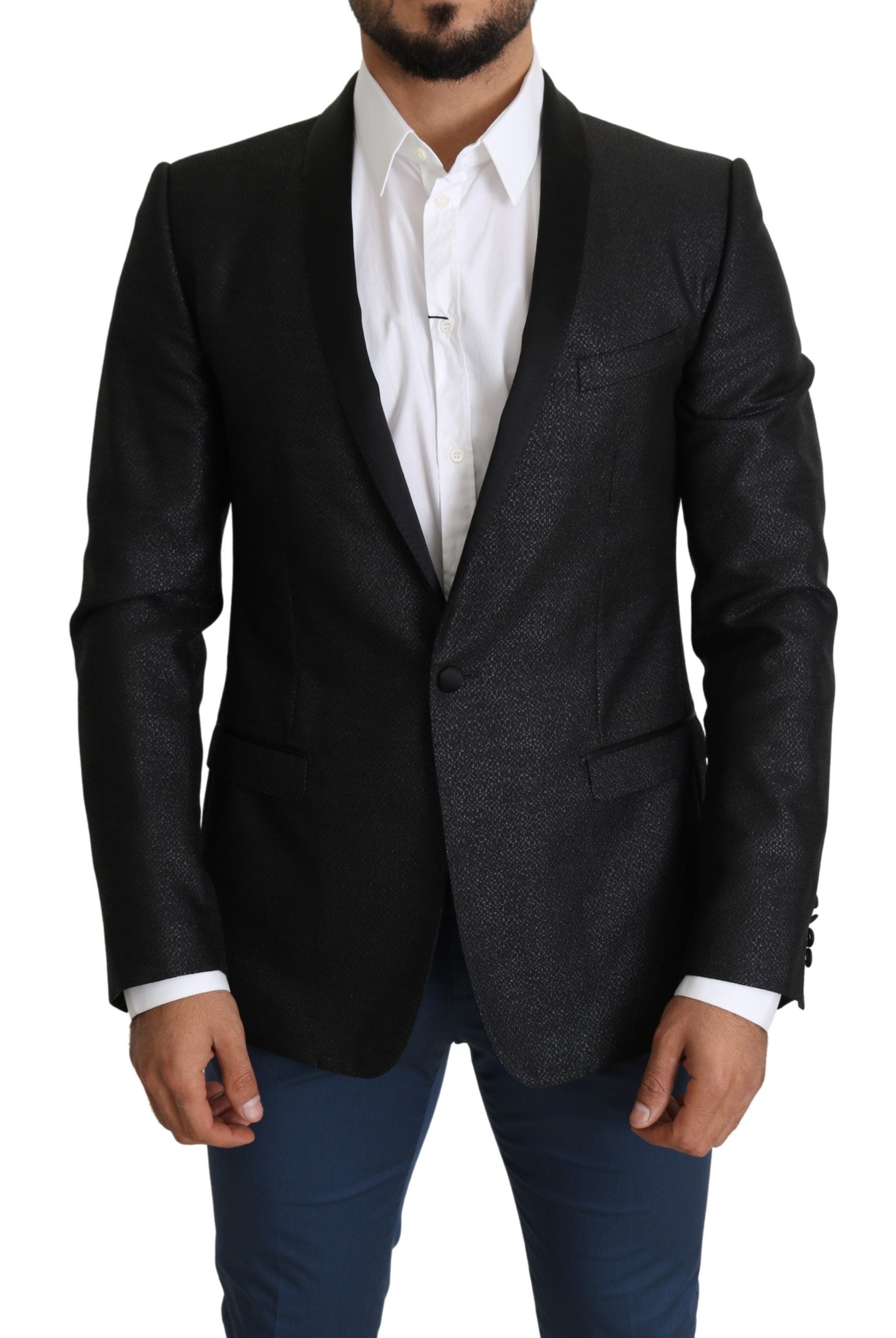 Dolce &amp; Gabbana – Eleganter, schwarzer Jacquard-Blazer im Slim Fit
