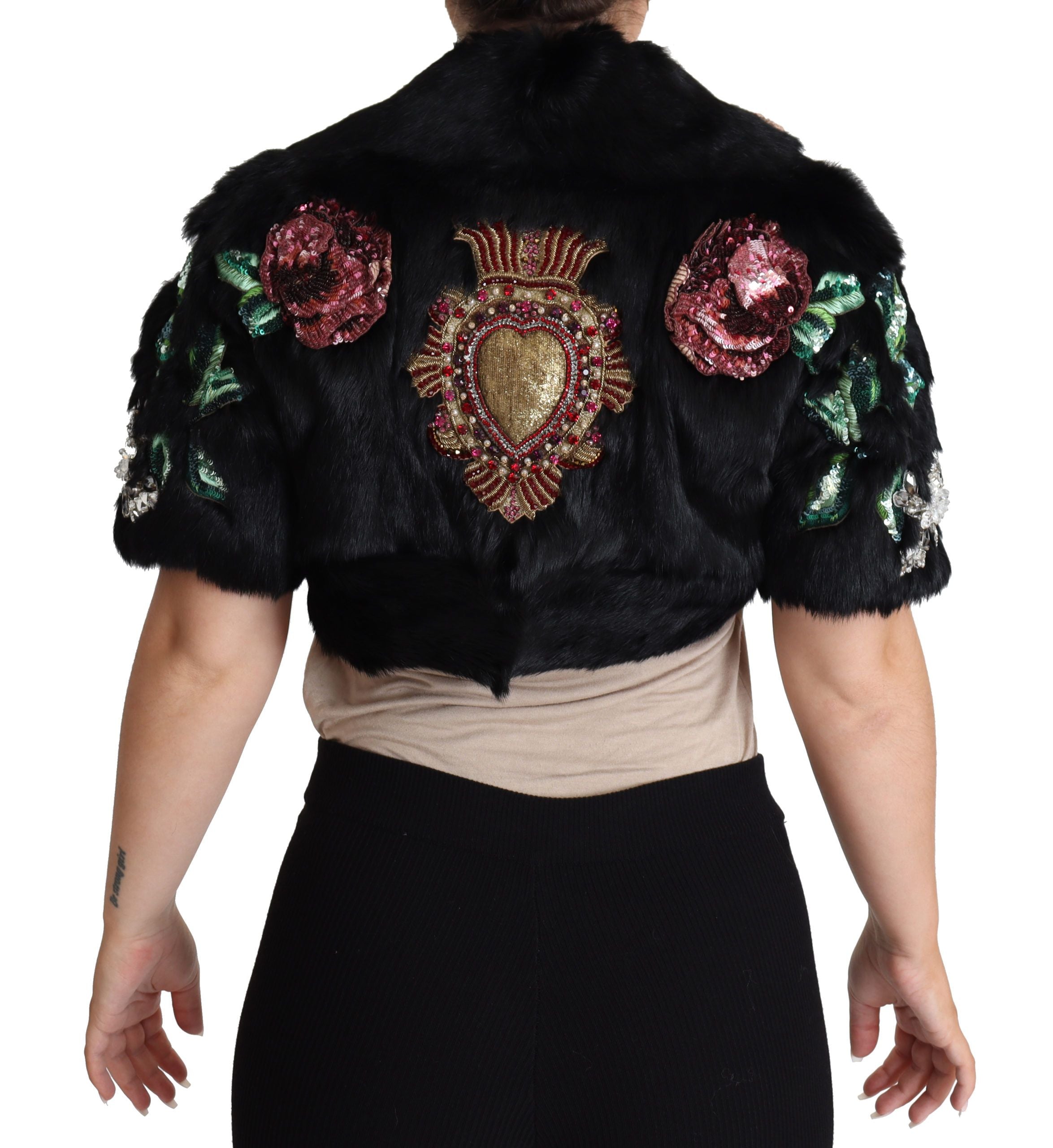 Dolce &amp; Gabbana Elegante schwarze Jacke aus Kaninchenfell mit Kristallen