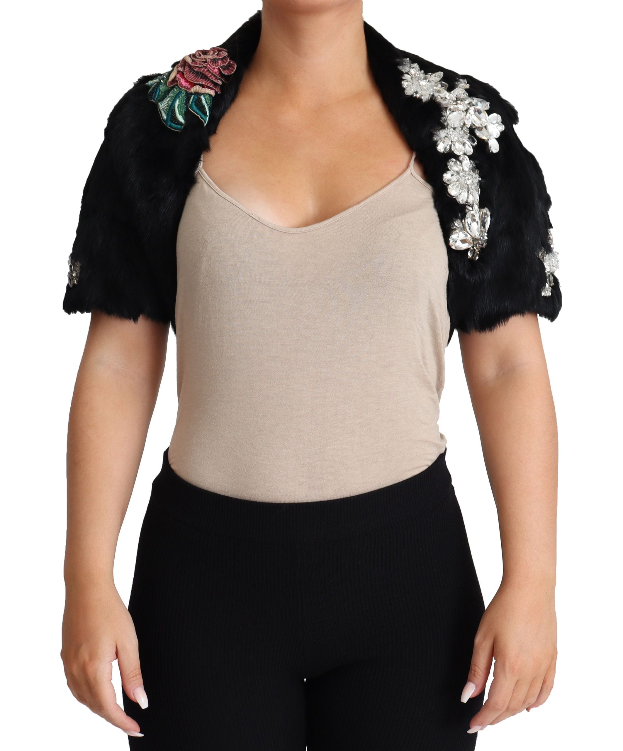 Dolce &amp; Gabbana Elegante schwarze Jacke aus Kaninchenfell mit Kristallen