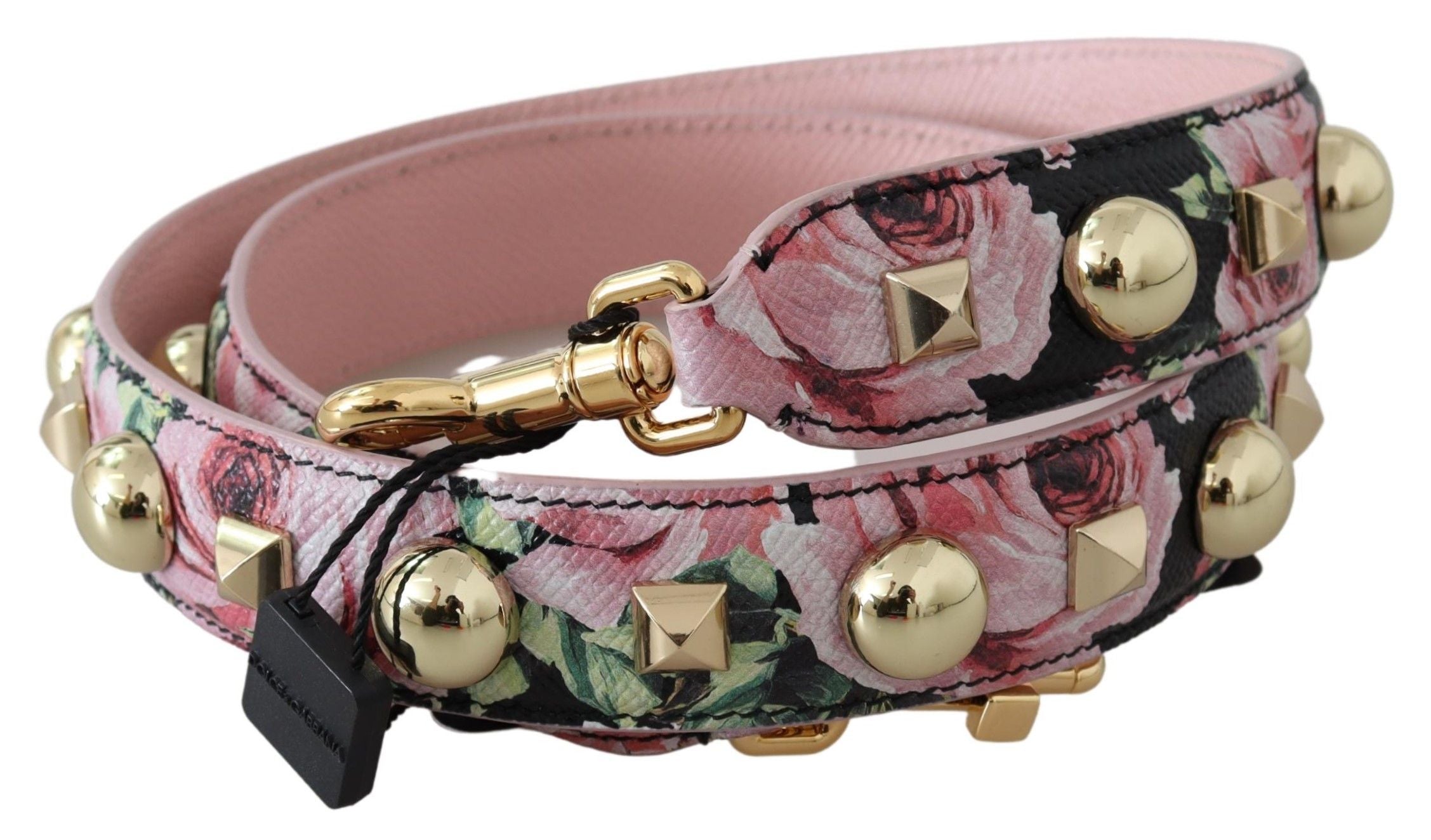 Dolce &amp; Gabbana – Rosa Lederarmband mit Blumenmuster und goldenen Nieten