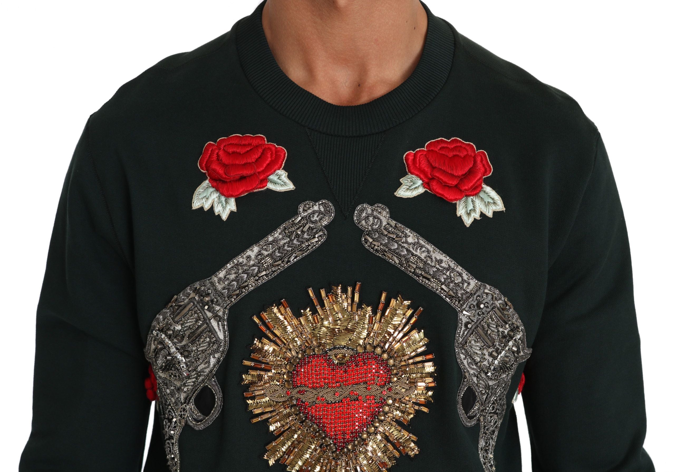 Pulover Dolce &amp; Gabbana din bumbac smarald cu broderie cu cristale