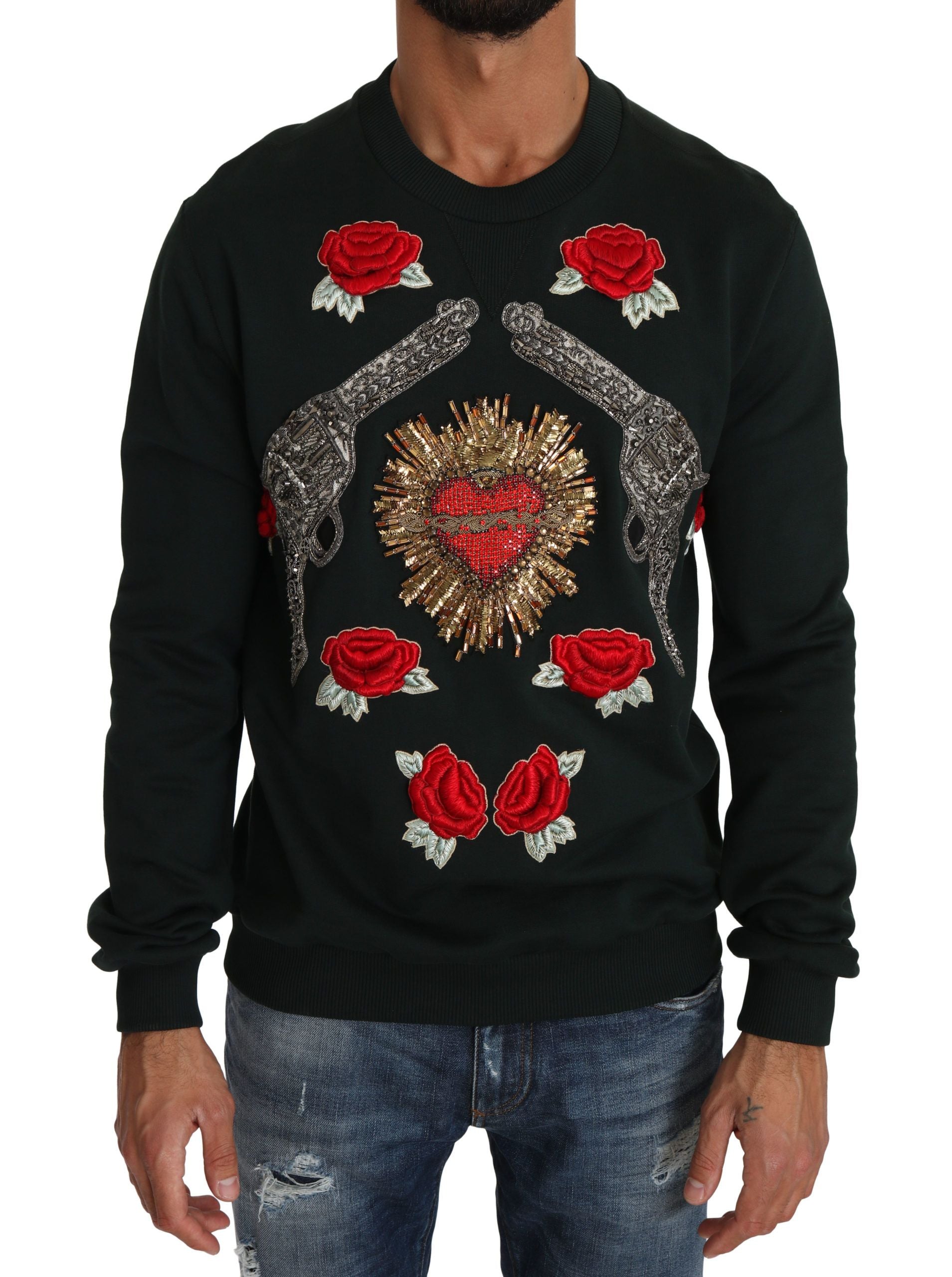 Pulover Dolce &amp; Gabbana din bumbac smarald cu broderie cu cristale